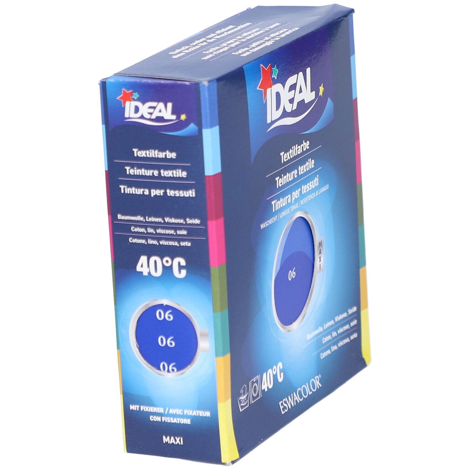 Teinture textile IDEAL, bleu roi 06, en boîte. Lavable à 40°C. Vue oblique du produit.