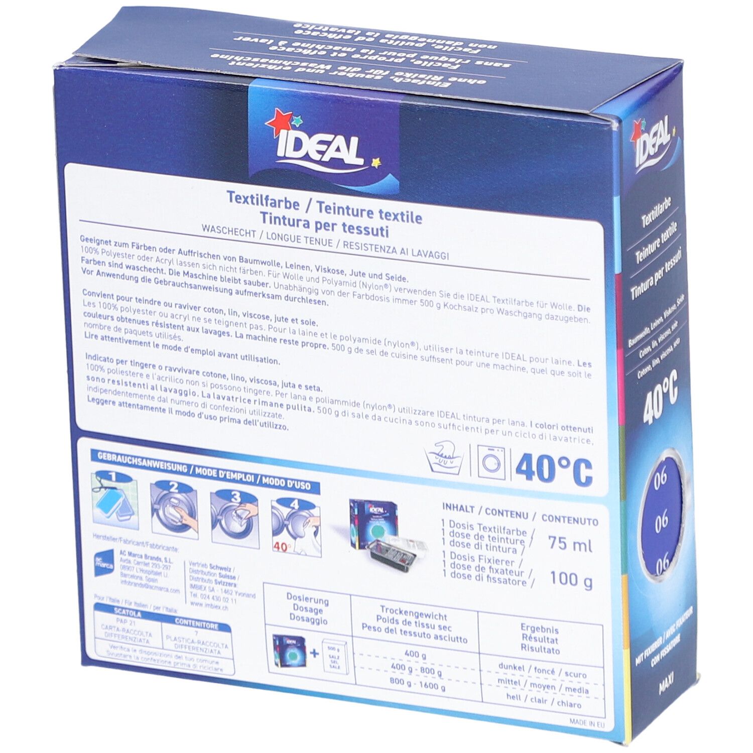 Dos de l'emballage de la teinture textile IDEAL. Contient des informations sur l'utilisation et les ingrédients.