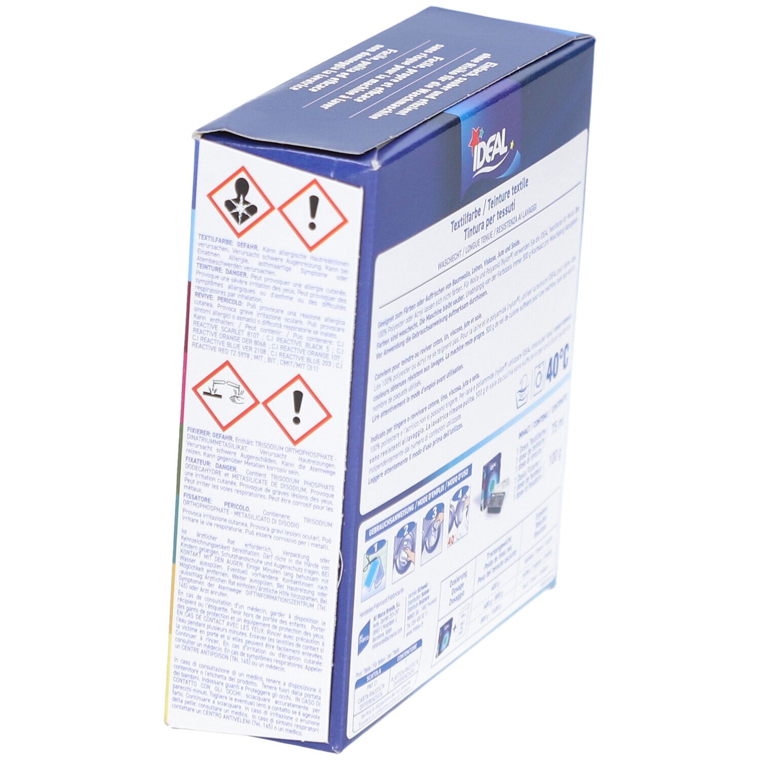 Vue latérale de l'emballage de la teinture textile IDEAL. Avertissements et informations d'utilisation.