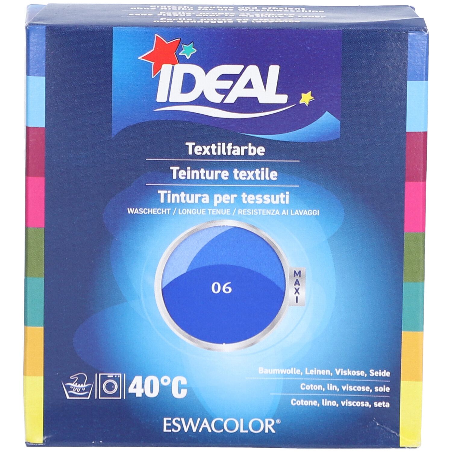 Teinture textile IDEAL, bleu roi 06, en boîte. Lavable à 40°C. Vue de face.