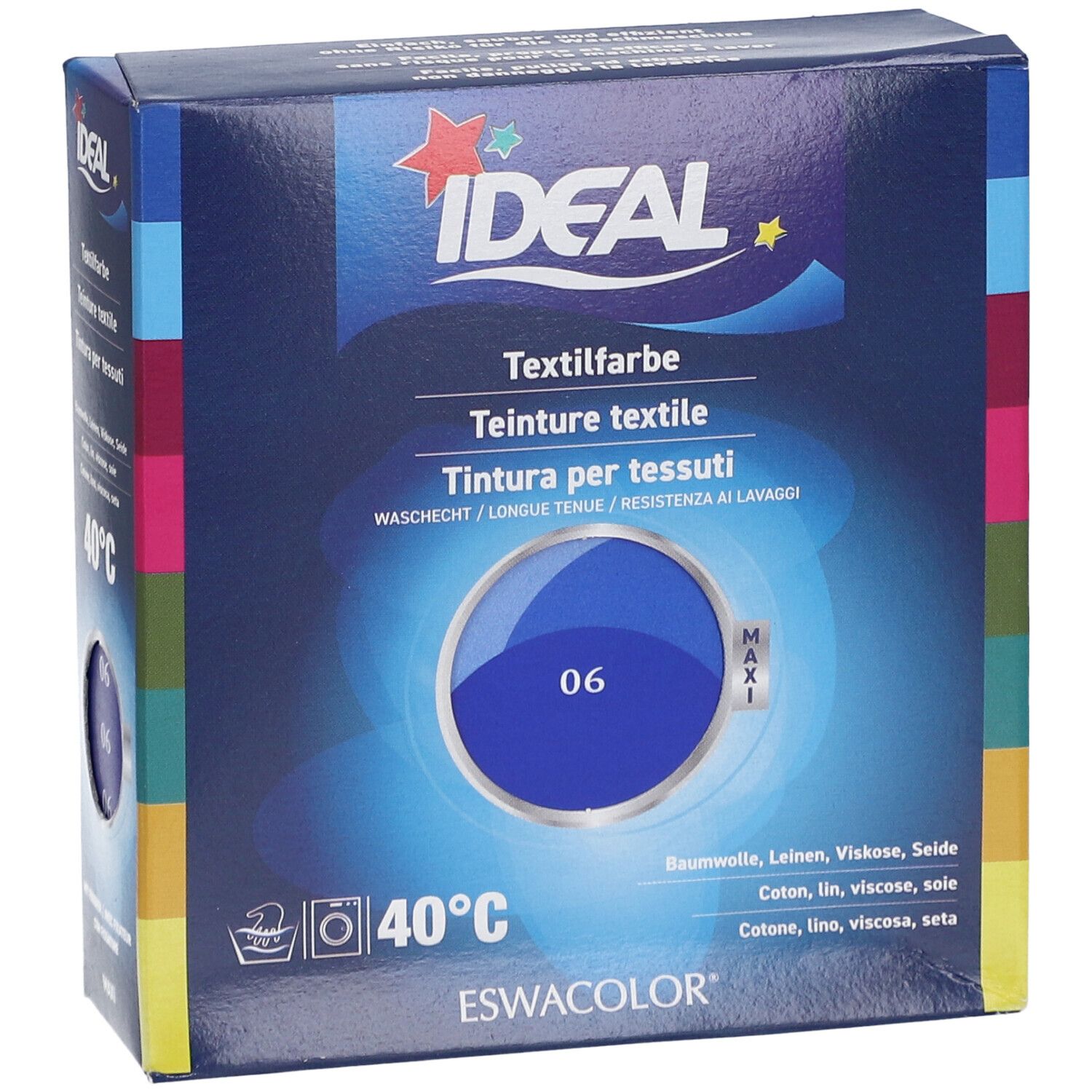 Teinture textile IDEAL, bleu roi 06, en boîte. Lavable à 40°C. Vue du produit.