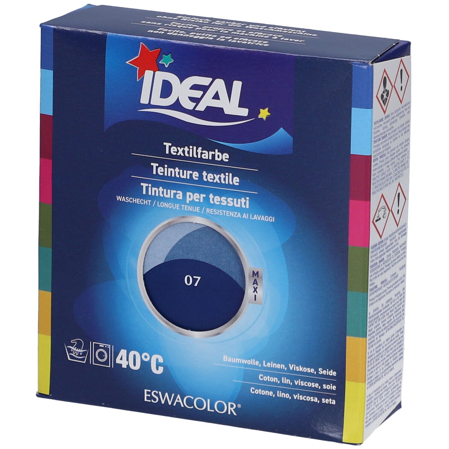 Teinture textile IDEAL, bleu marine 07, en boîte. Lavable à 40°C. Contient coton, lin, viscose, soie.