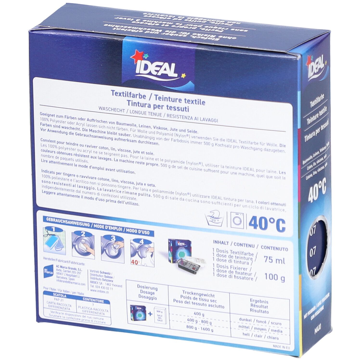 Dos de l'emballage de la teinture textile IDEAL. Contient des informations sur les ingrédients, l'utilisation et le lavage.