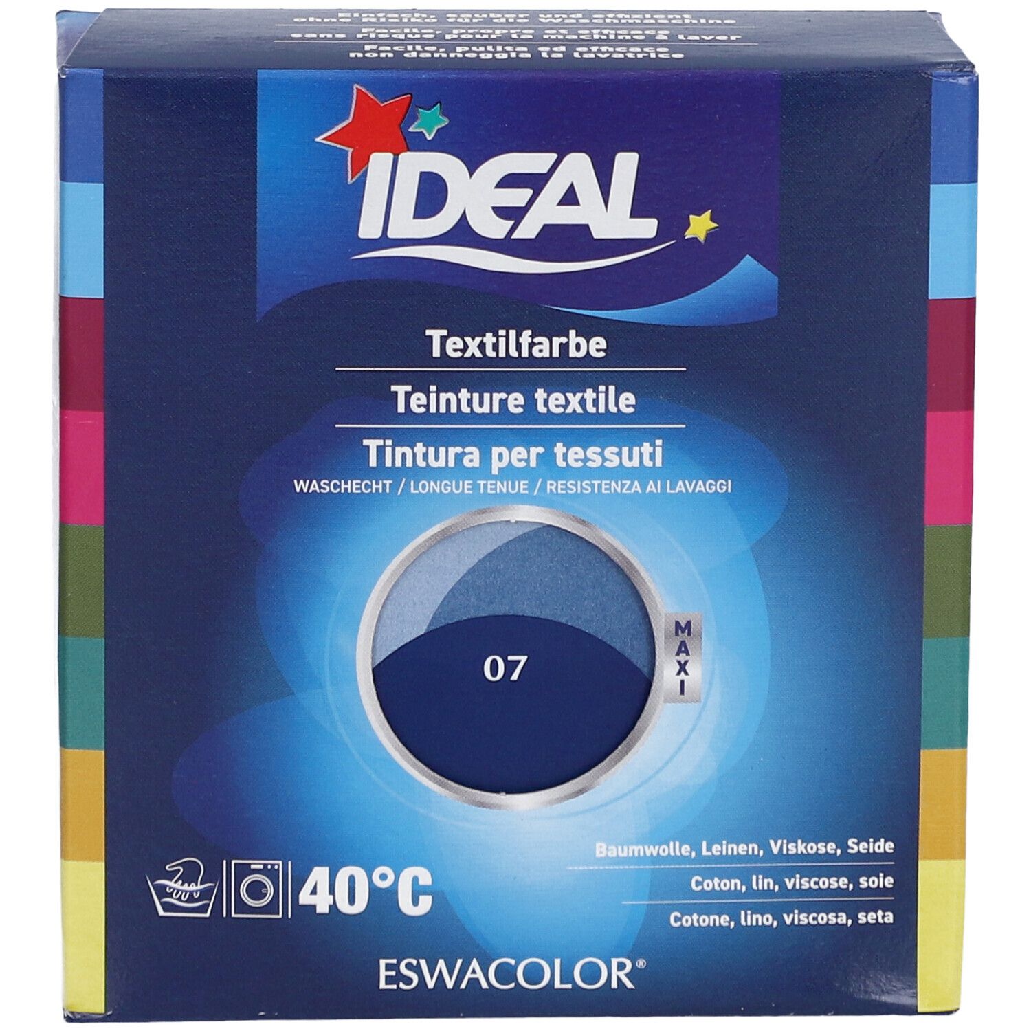 Teinture textile IDEAL, bleu marine 07, en boîte. Lavable à 40°C. Vue de face du produit.
