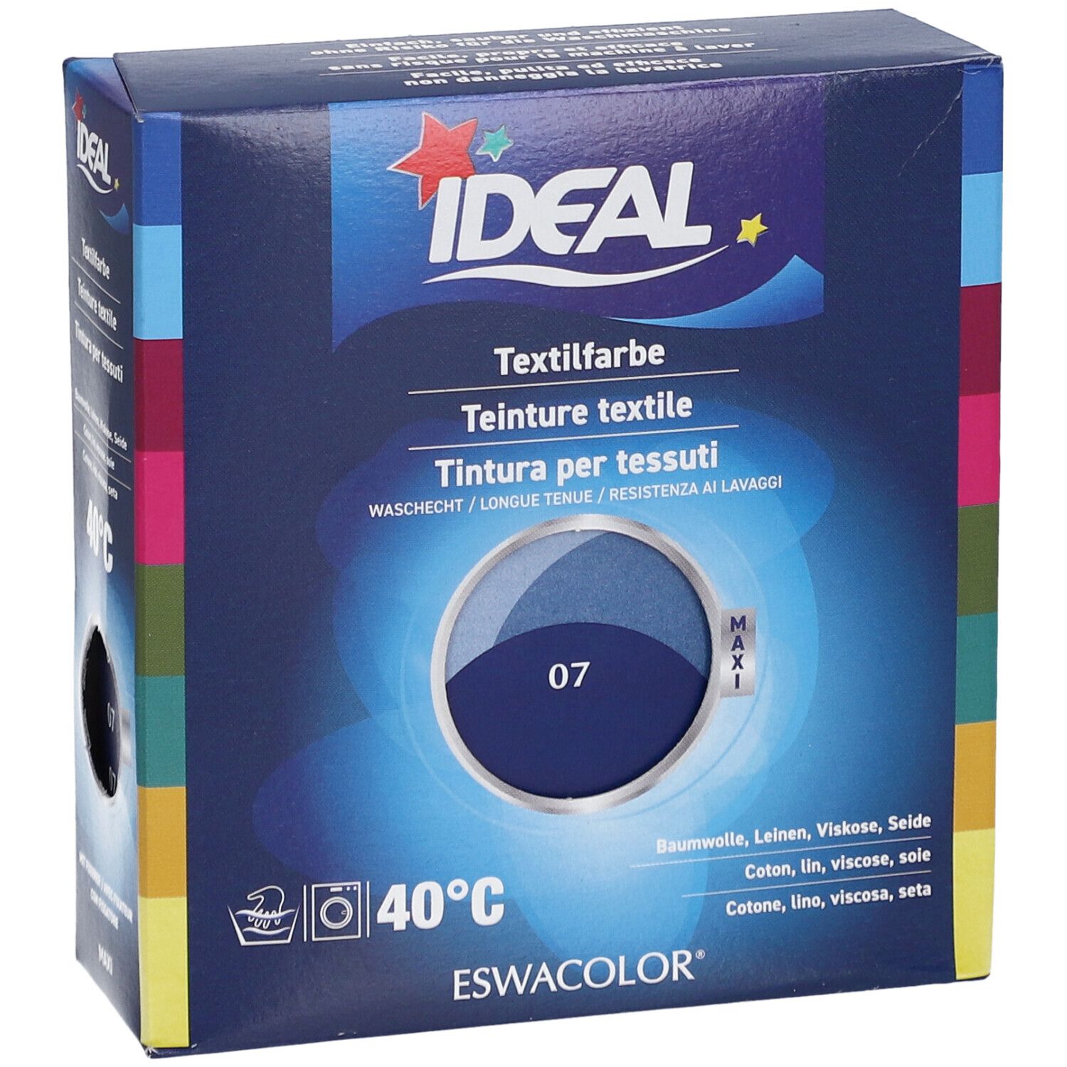 Teinture textile IDEAL, bleu marine 07, en boîte. Lavable à 40°C. Vue de face du produit.