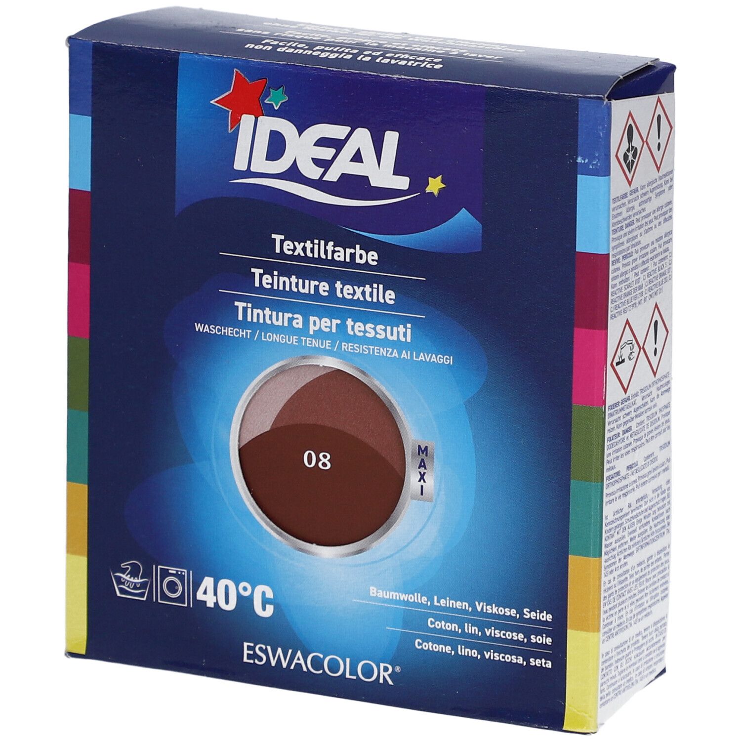 IDEAL textielverf, 08 Rotbruin, in kartonnen verpakking. Wasbestendig, voor katoen, linnen, viscose, zijde. Maxi logo.