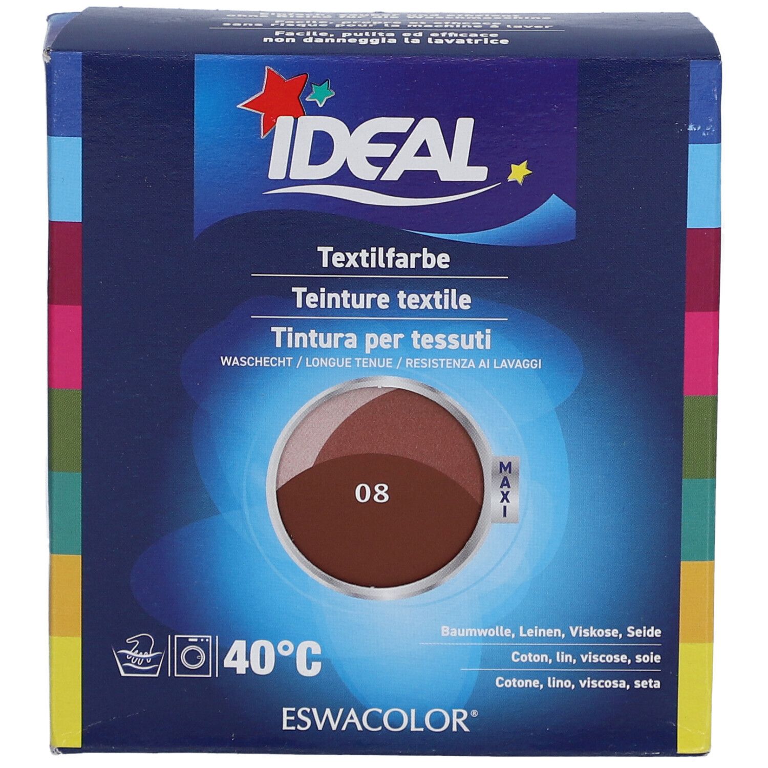 IDEAL textielverf, 08 Rotbruin, in kartonnen verpakking. Wasbestendig, voor katoen, linnen, viscose, zijde. Maxi logo.