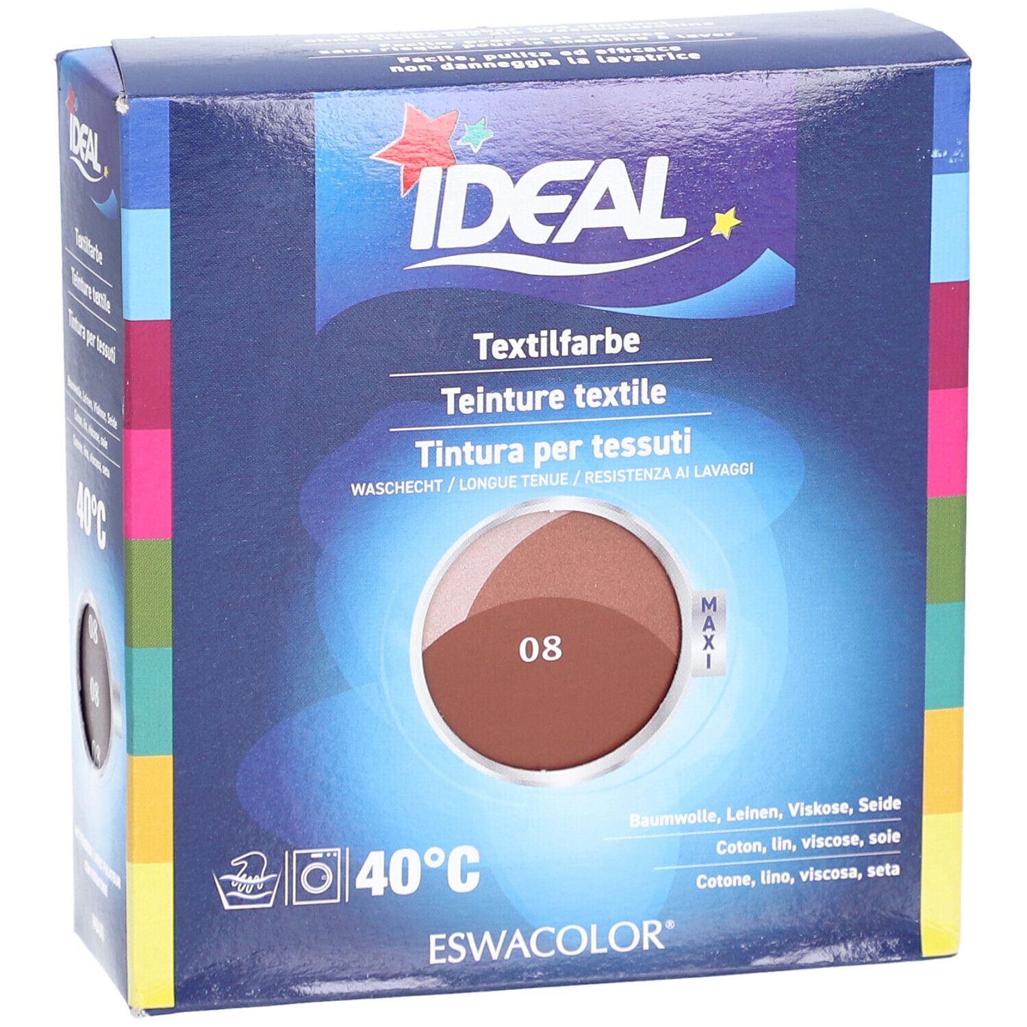 IDEAL textielverf, 08 Rotbruin, in kartonnen verpakking. Wasbestendig, voor katoen, linnen, viscose, zijde. Maxi logo.