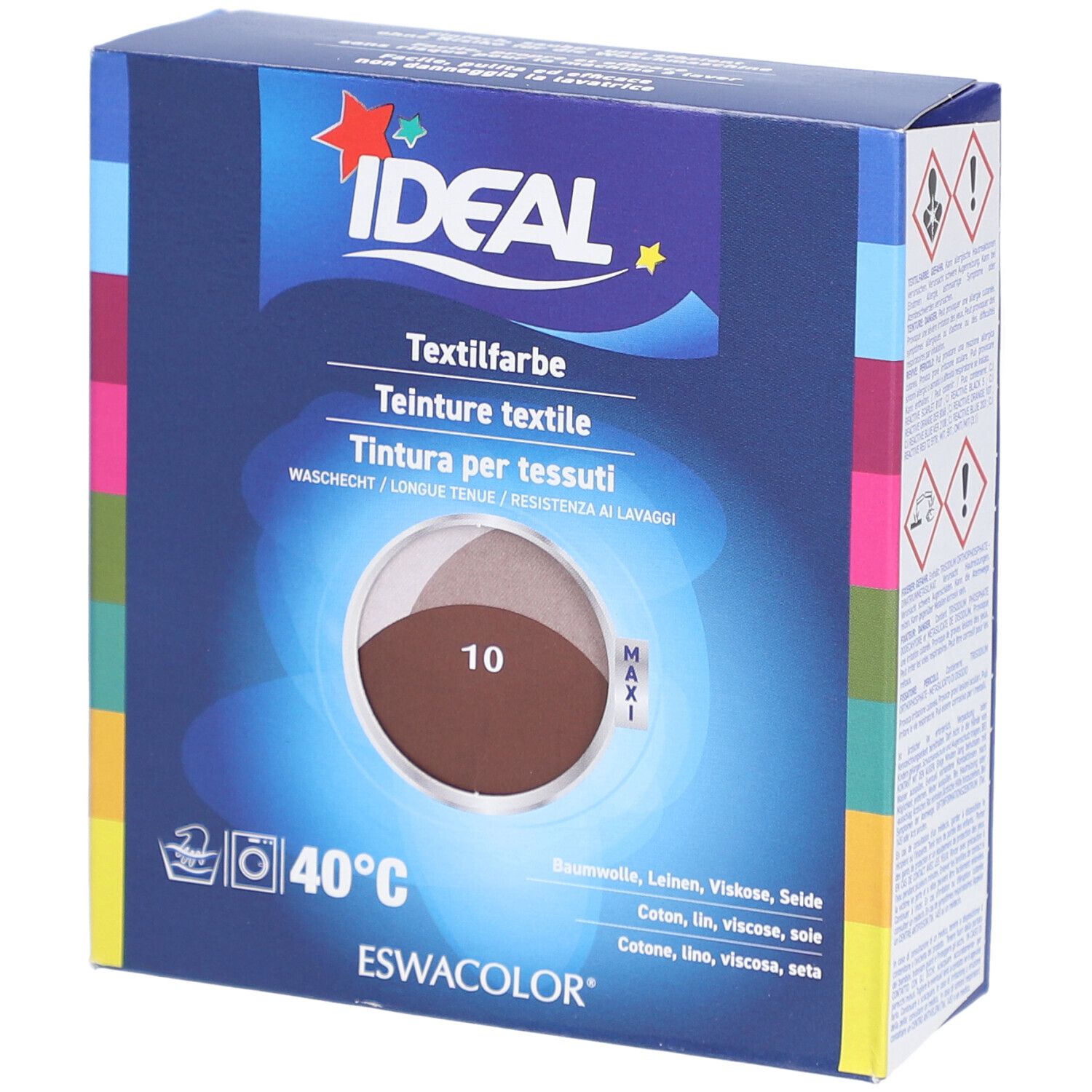 Boîte de teinture textile IDEAL, teinte 10 Chocolate. Lavable à 40°C. Contient teinture, fixateur. Marque ESWACOLOR.