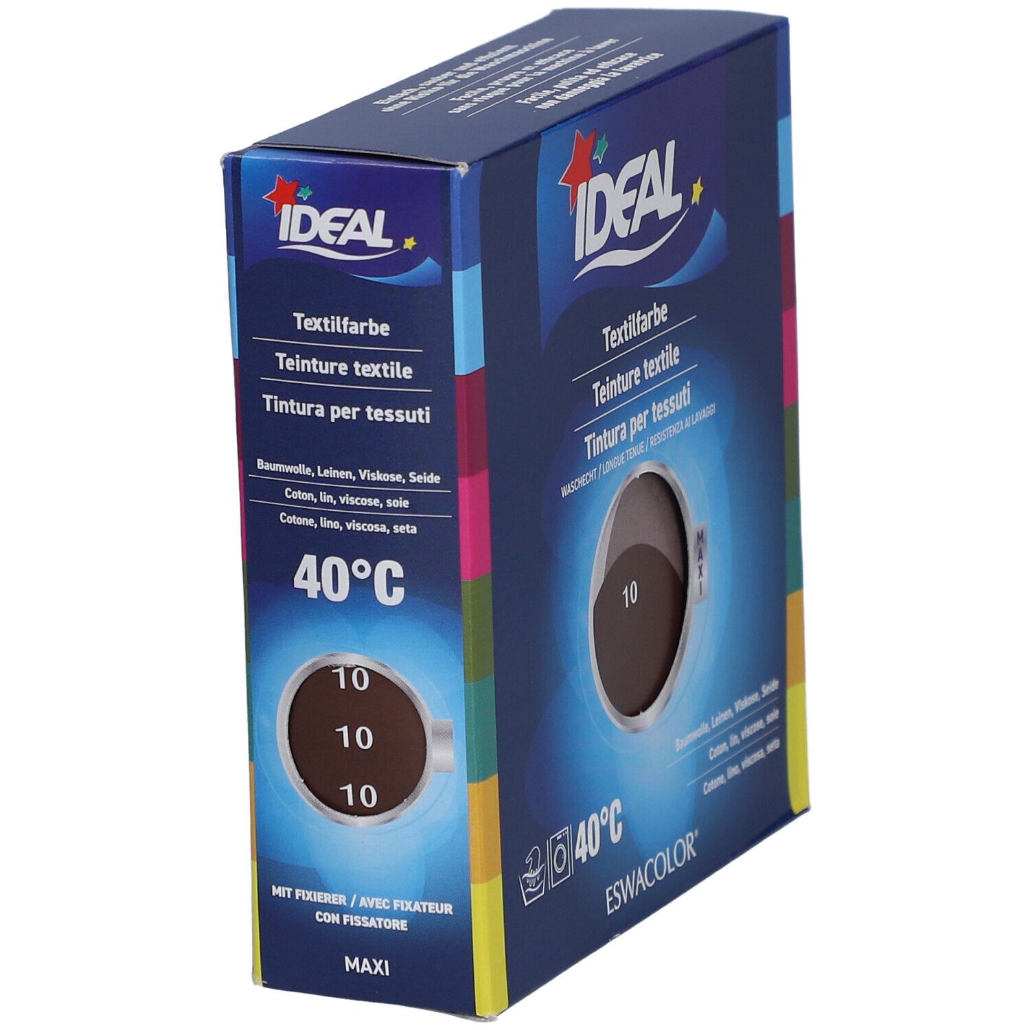 Boîte de teinture textile IDEAL en biais, teinte 10 Chocolate. Lavable à 40°C. Marque ESWACOLOR.