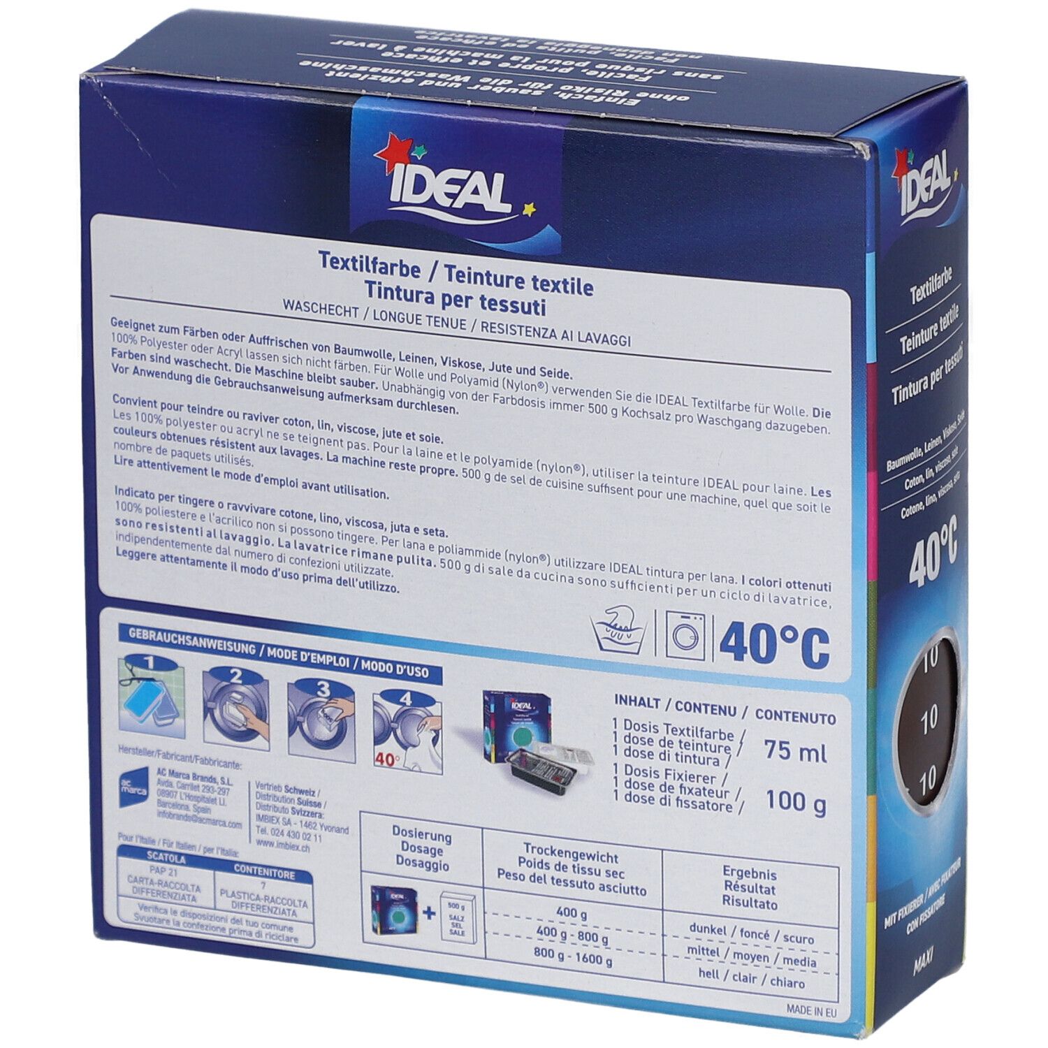 Dos de la boîte de teinture textile IDEAL. Contient des informations sur les ingrédients, l'utilisation et le lavage. Marque ESWACOLOR.