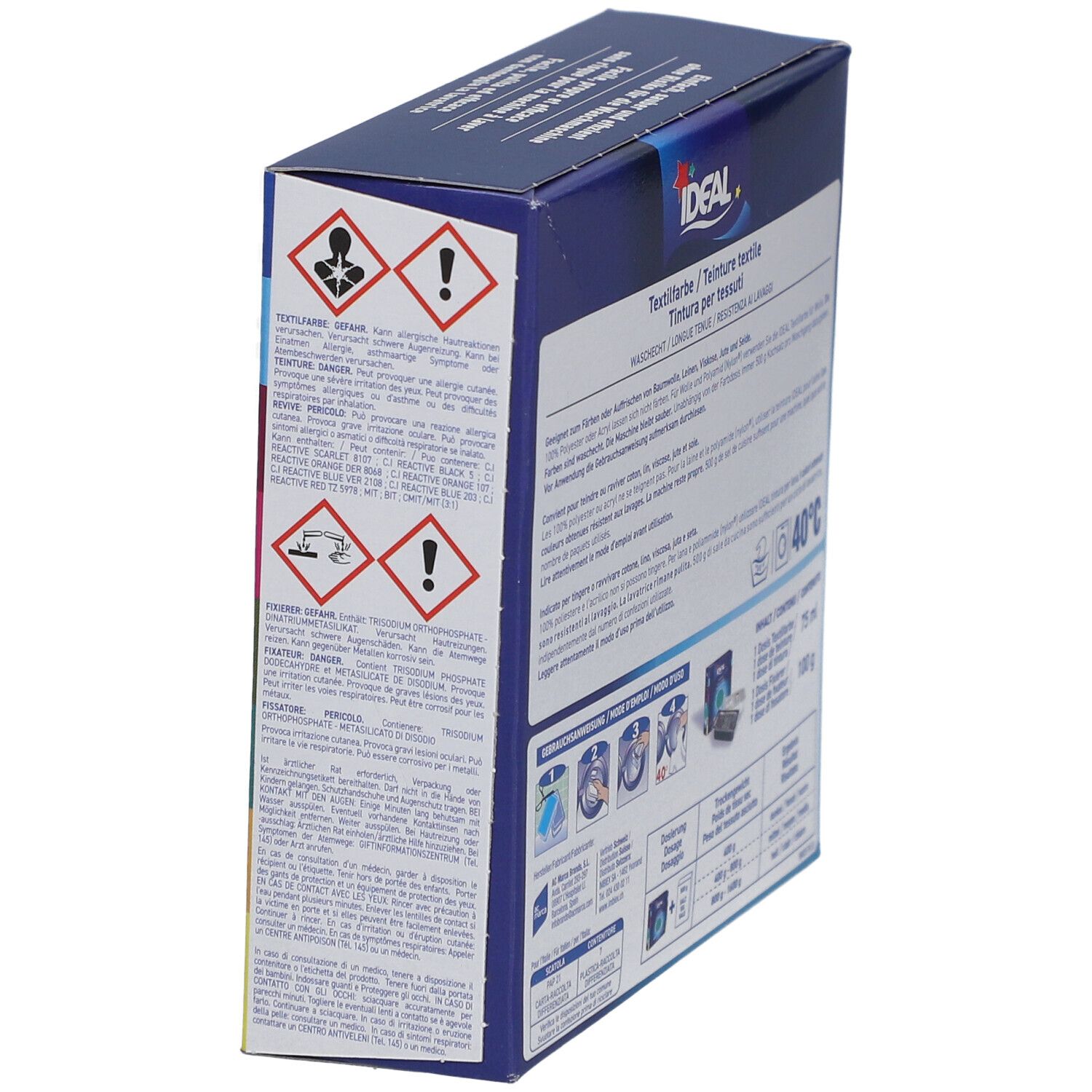 Dos incliné de la boîte de teinture textile IDEAL. Avertissements et instructions d'utilisation. Marque ESWACOLOR.