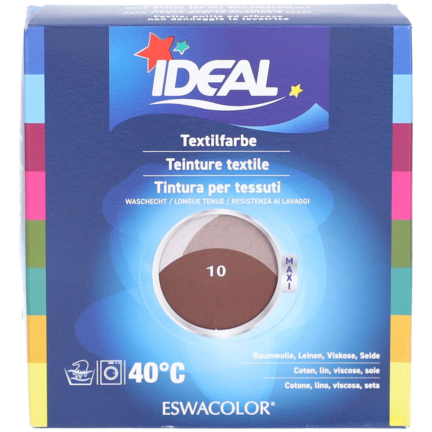 Boîte de teinture textile IDEAL, teinte 10 Chocolate. Lavable à 40°C. Contient teinture, fixateur. Marque ESWACOLOR.