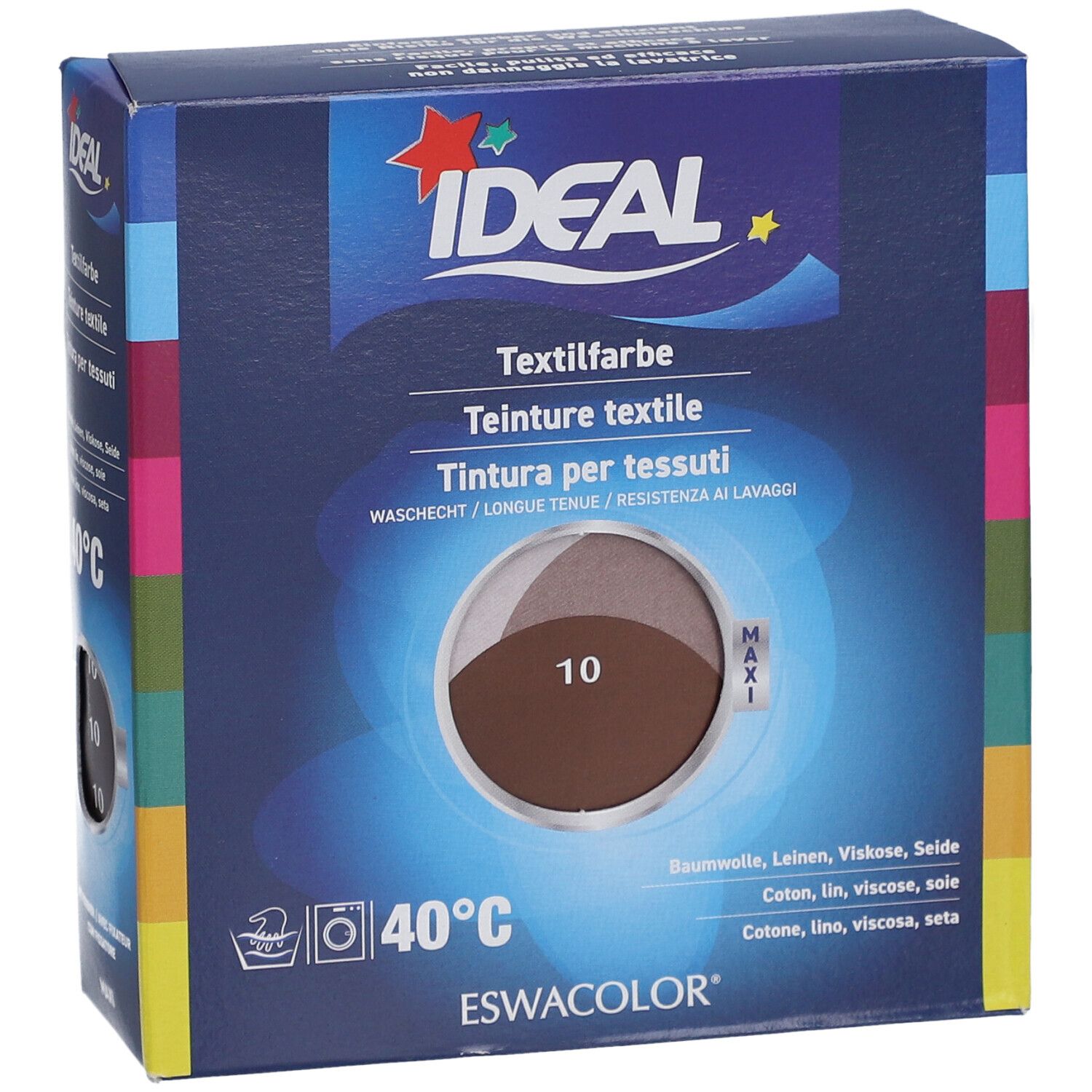 Boîte de teinture textile IDEAL, teinte 10 Chocolate. Lavable à 40°C. Marque ESWACOLOR.