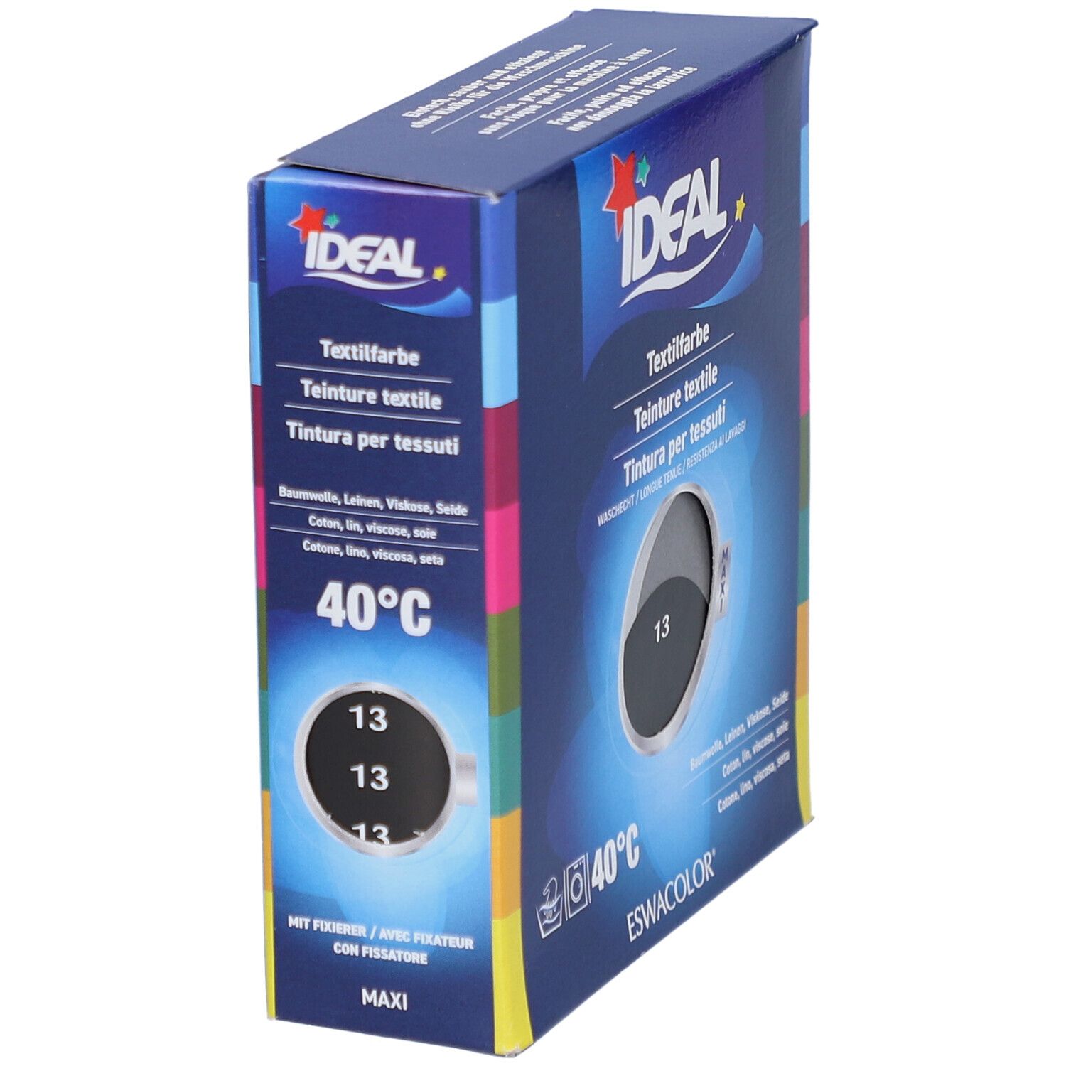 Boîte de teinture textile, en biais. Logo IDEAL. Couleur noire 13. Lavable à 40°C. Pour coton, lin, viscose, soie. ESWACOLOR.