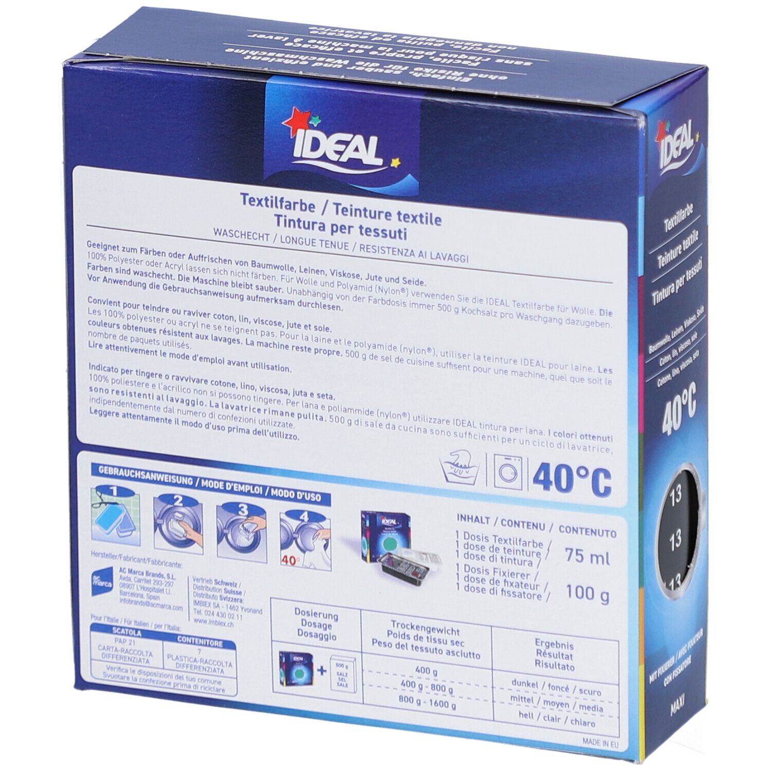 Dos de la boîte de teinture textile. Logo IDEAL. Instructions de lavage, dosage, contenu. 75 ml, 100 g. Pour 400-1400 g de textiles.