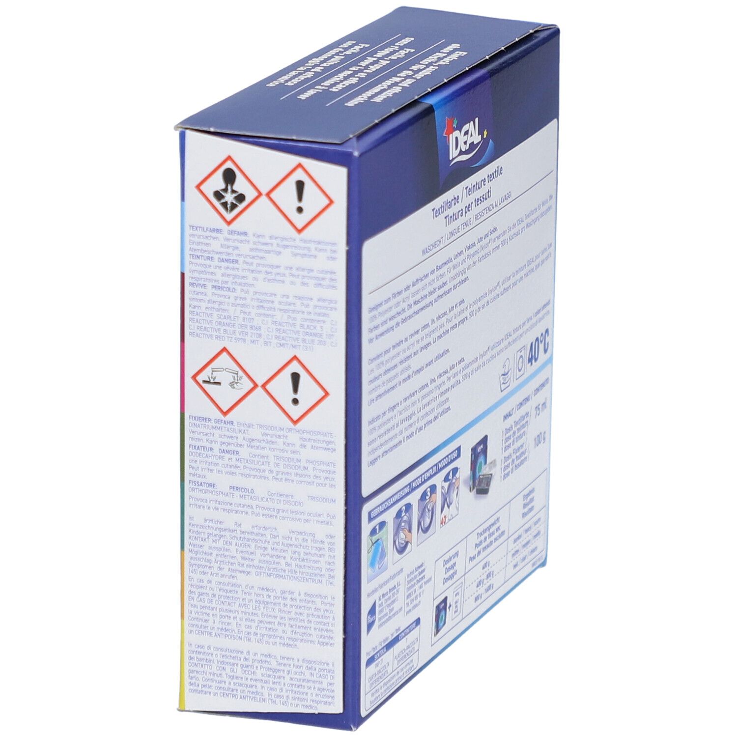 Boîte de teinture textile, en biais. Avertissements. Logo IDEAL. Lavable à 40°C. Contenu 75 ml. Pour coton, lin, viscose, soie.