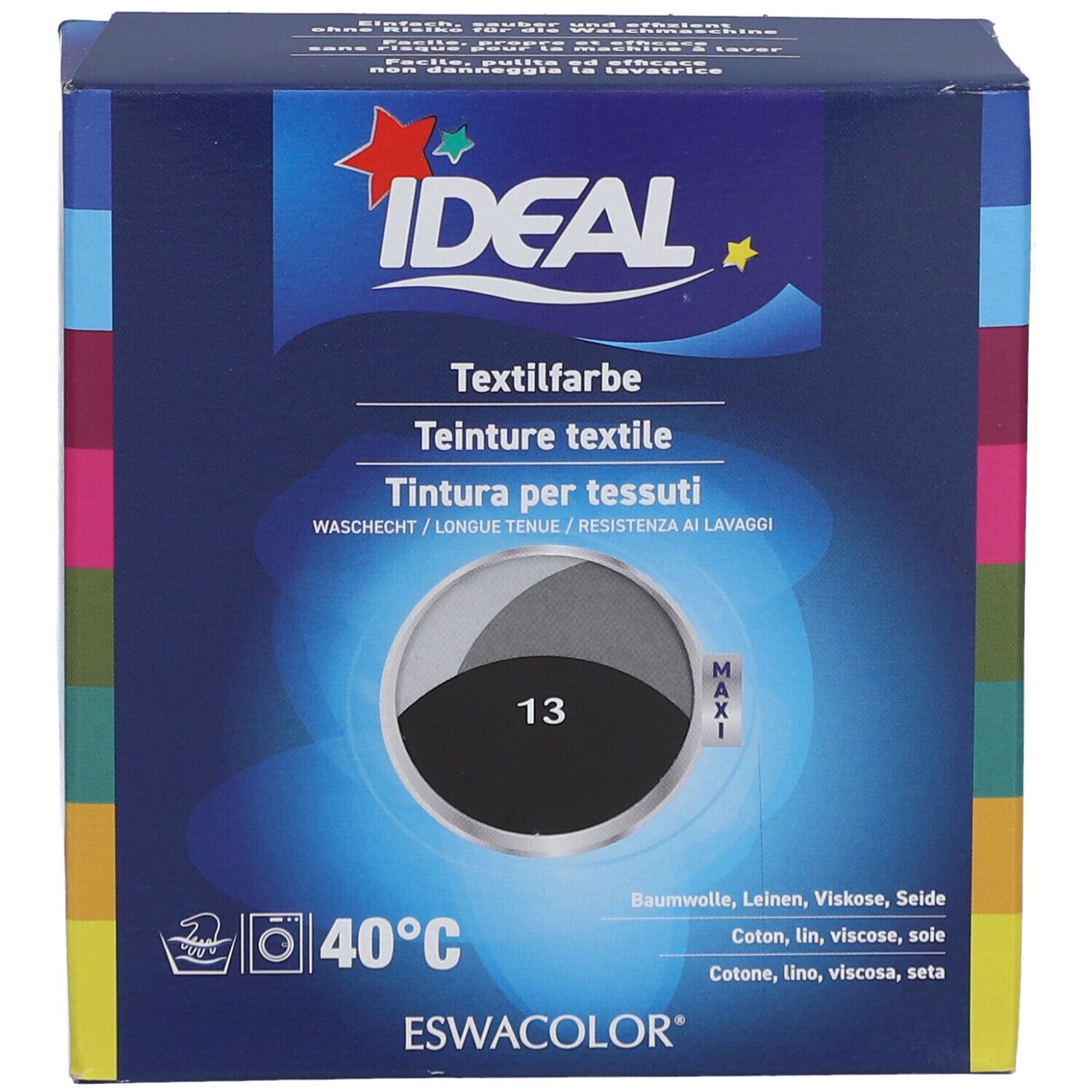 Boîte de teinture textile. Logo IDEAL. Couleur noire 13. Lavable à 40°C. Pour coton, lin, viscose, soie. ESWACOLOR.