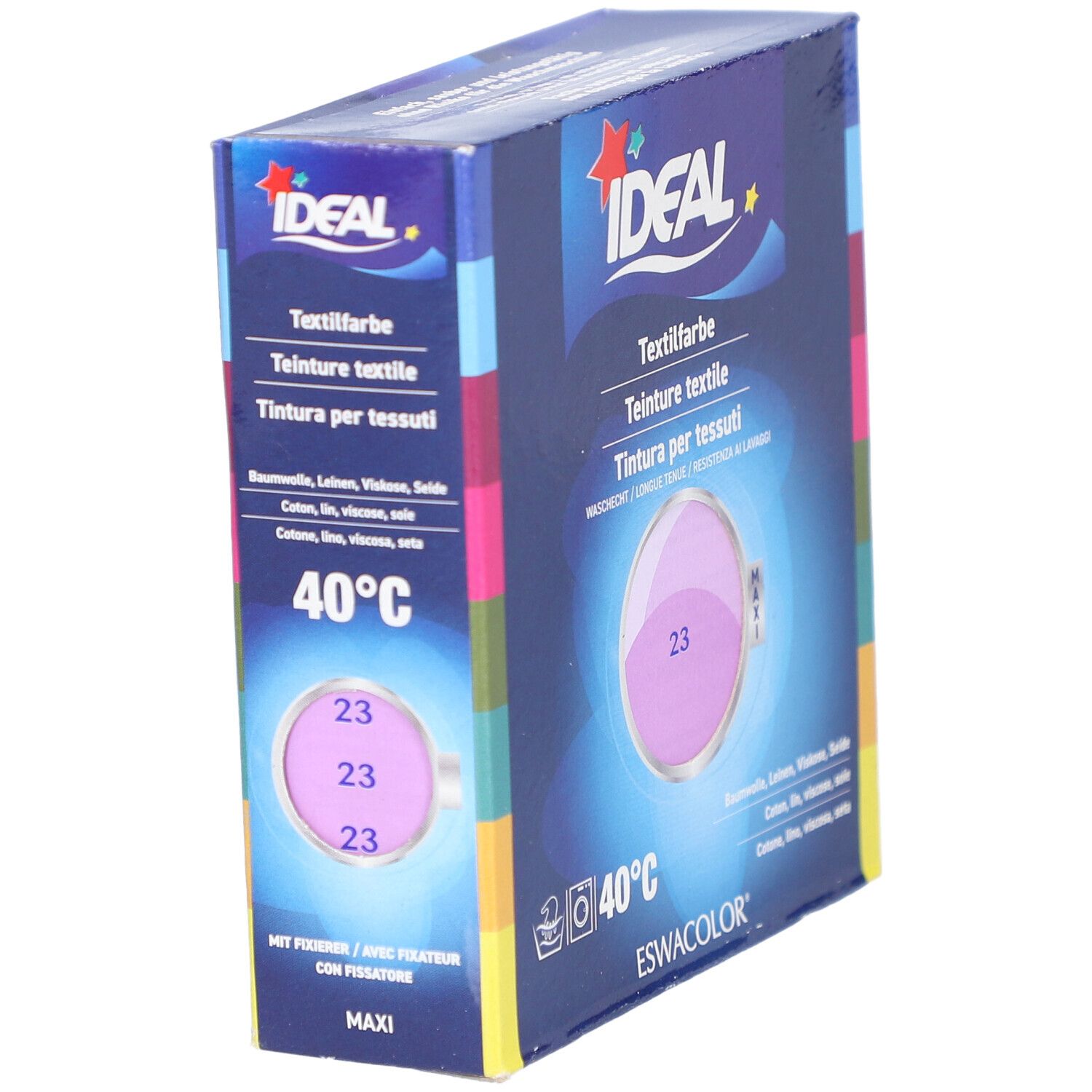 Emballage de teinture textile, lilas. Marque IDEAL. Lavable à 40°C. Pour coton, lin, viscose et soie. Cercle de couleur, numéro 23.