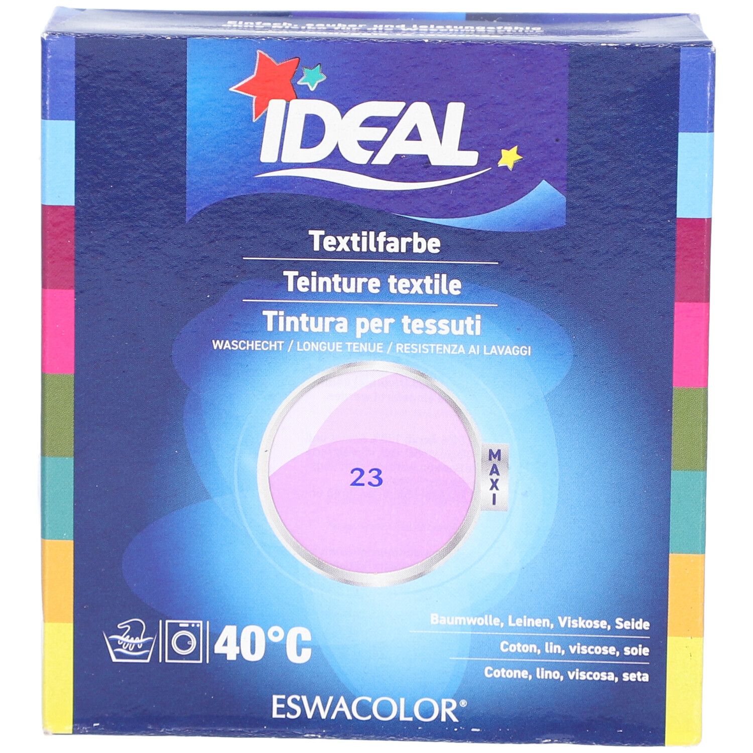 Emballage de teinture textile, lilas. Marque IDEAL. Lavable à 40°C. Pour coton, lin, viscose et soie. Cercle de couleur, numéro 23.