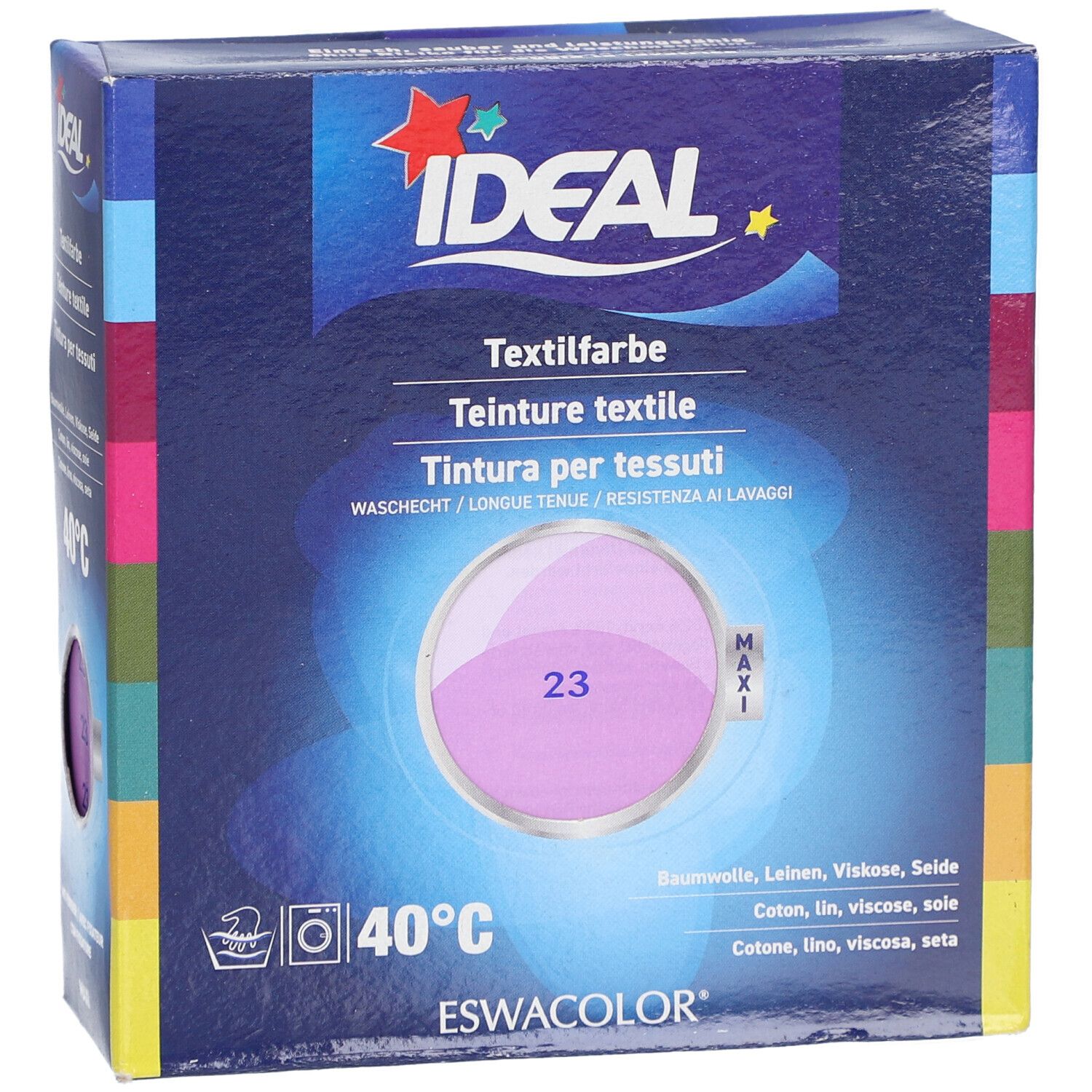 Emballage de teinture textile, lilas. Marque IDEAL. Lavable à 40°C. Pour coton, lin, viscose et soie. Cercle de couleur, numéro 23.
