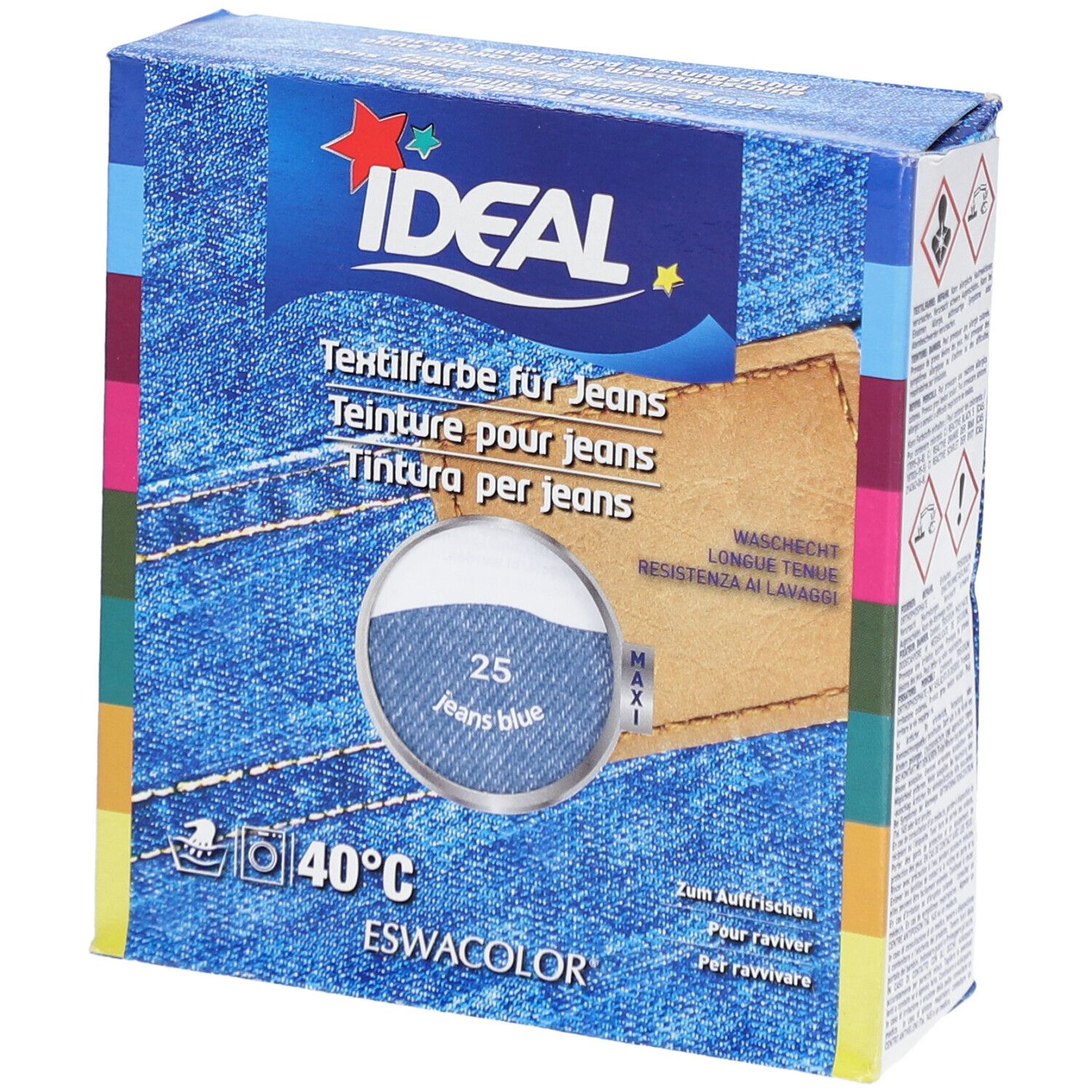 IDEAL textielverf voor jeans. Doos met productafbeelding en kleuraanduiding 25 Jeans Blauw. Wassen op 40°C.