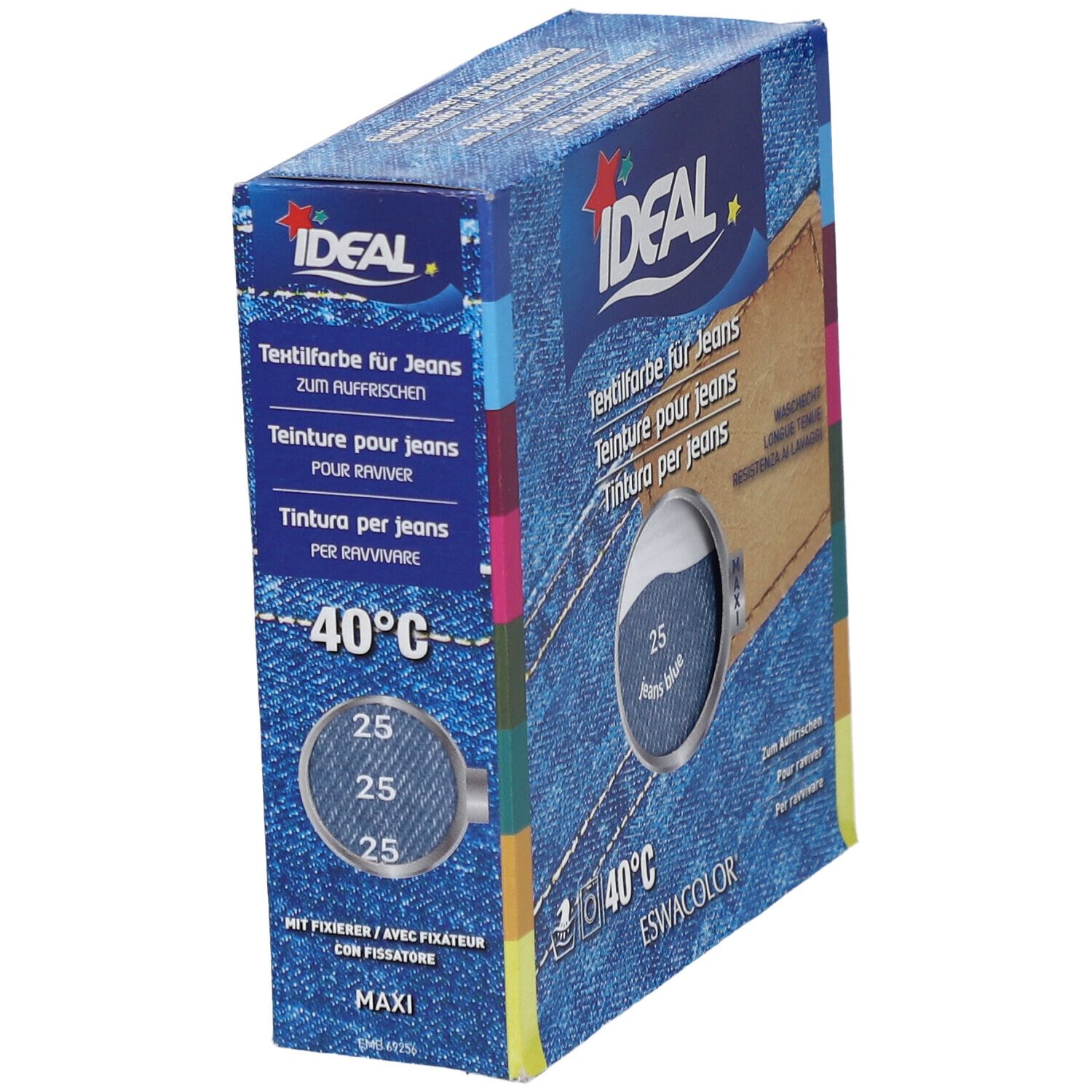 IDEAL textielverf voor jeans. Schuinstaande verpakking met kleuraanduiding 25 Jeans Blauw. Wassen op 40°C.