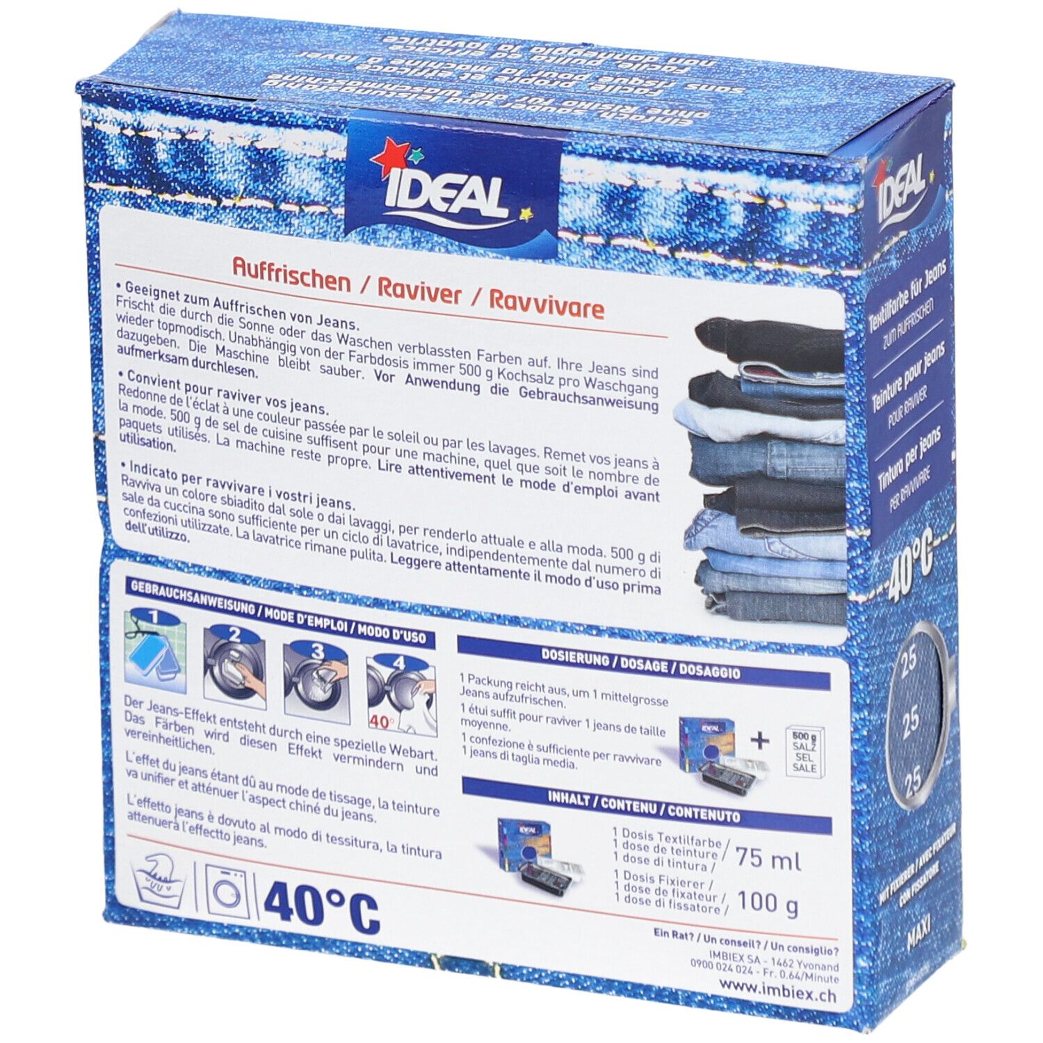 Achterkant van de IDEAL textielverf voor jeans. Productinformatie, gebruiksaanwijzing, dosering en ingrediënten. Wassen op 40°C.