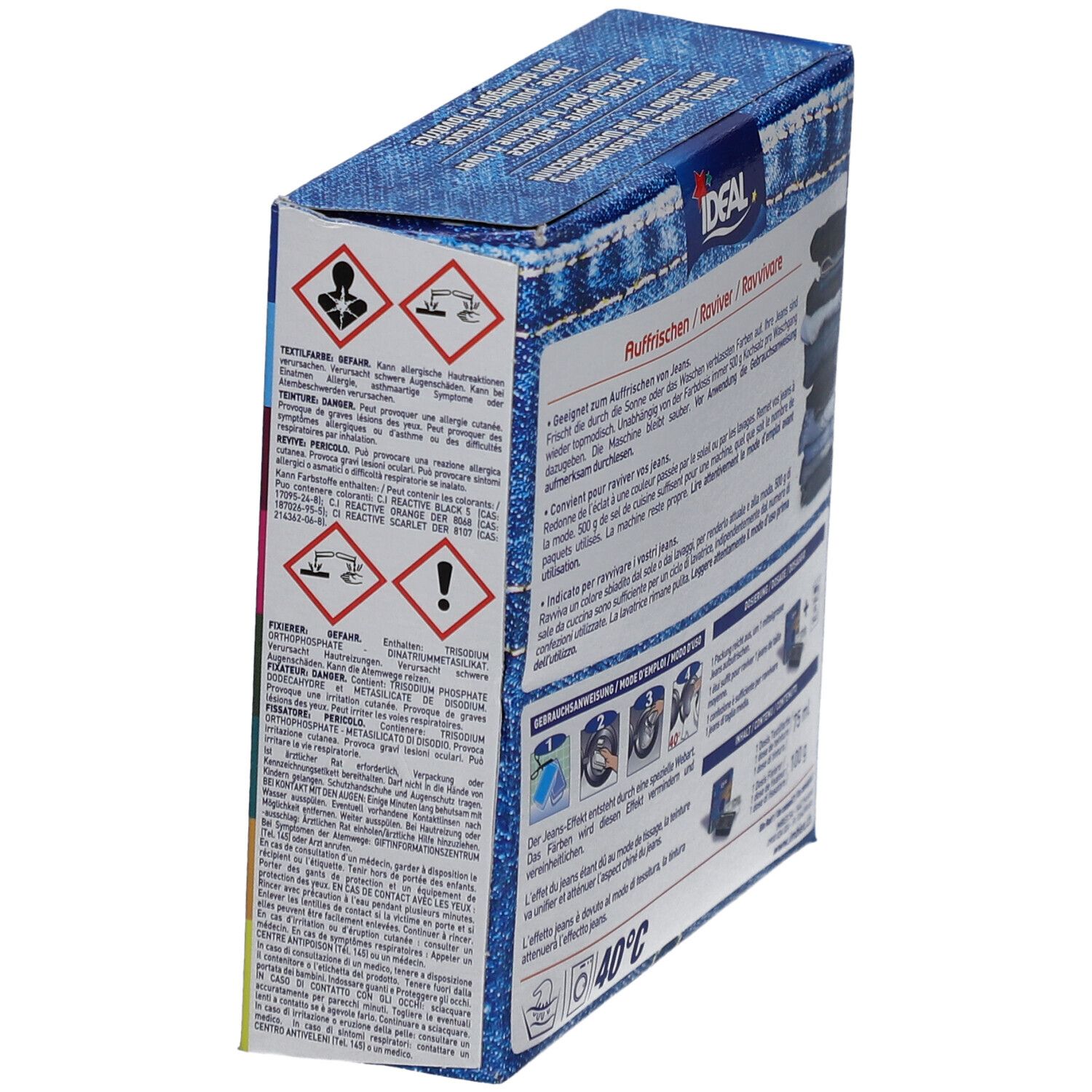 Zijkant van de IDEAL textielverf voor jeans. Waarschuwingen en gevaarsymbolen. Wassen op 40°C.
