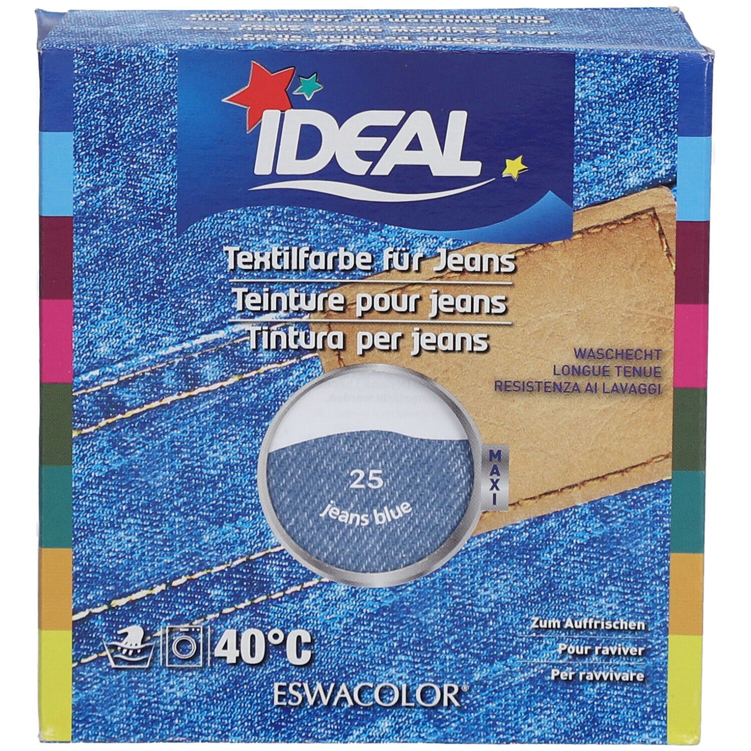 IDEAL textielverf voor jeans. Verpakking met kleuraanduiding 25 Jeans Blauw. Wassen op 40°C. Merk ESWACOLOR.