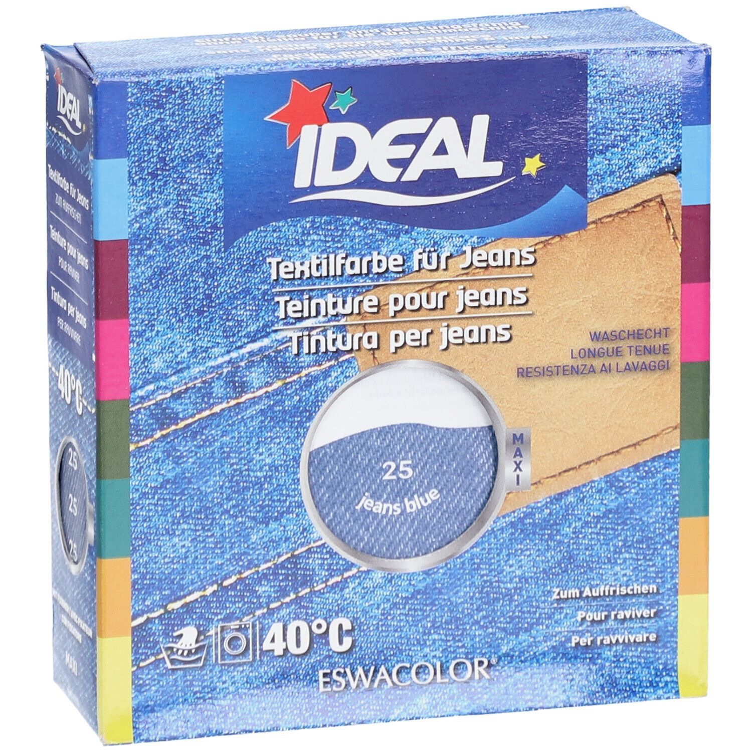 IDEAL textielverf voor jeans. Verpakking met kleuraanduiding 25 Jeans Blauw. Wassen op 40°C. Merk ESWACOLOR.
