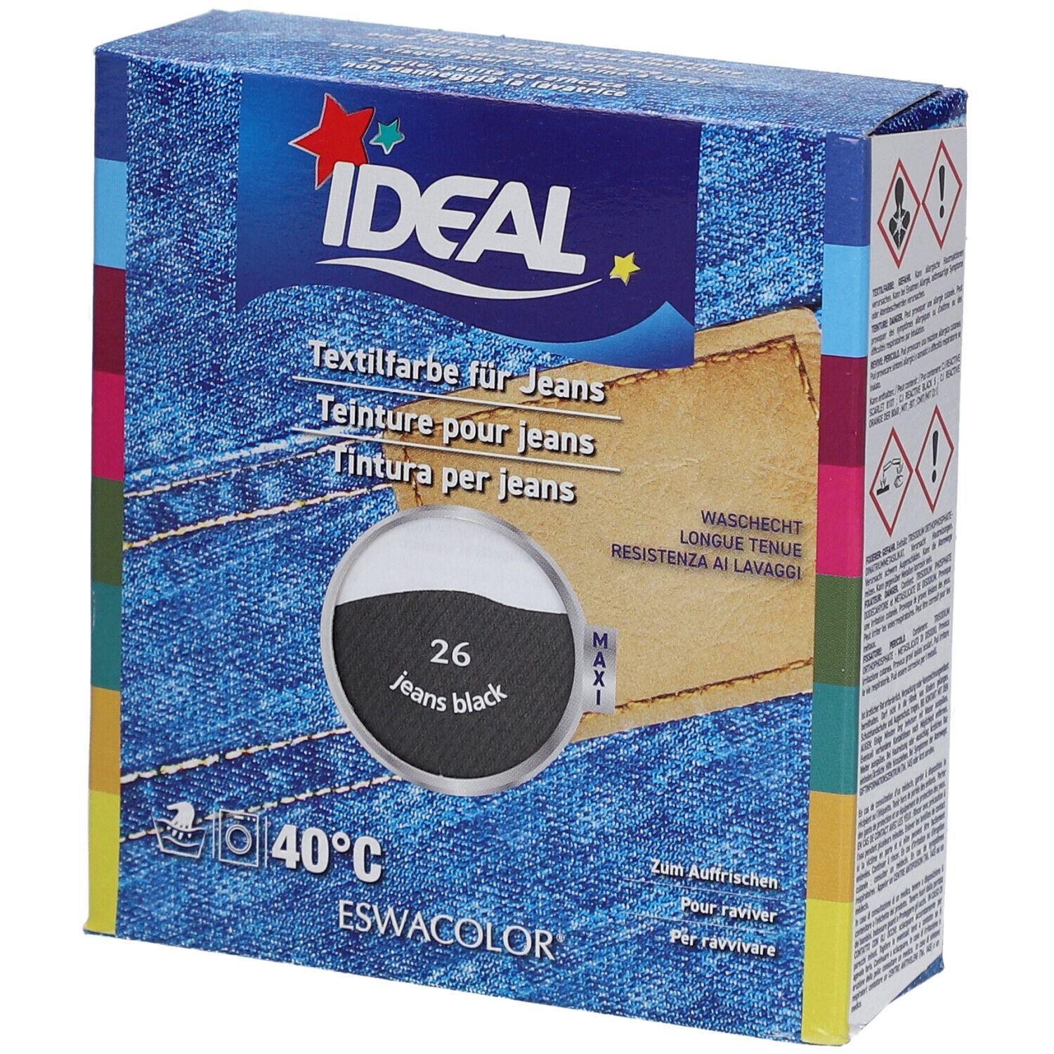 IDEAL textielverf voor jeans, zwart 26. Wasbaar op 40°C. Verpakking met productinformatie.