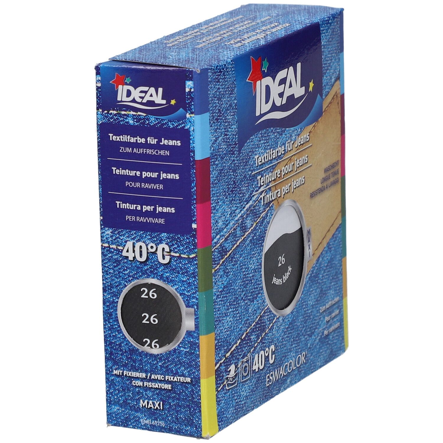 IDEAL textielverf voor jeans, zwart 26. Wasbaar op 40°C. Verpakking met productinformatie.