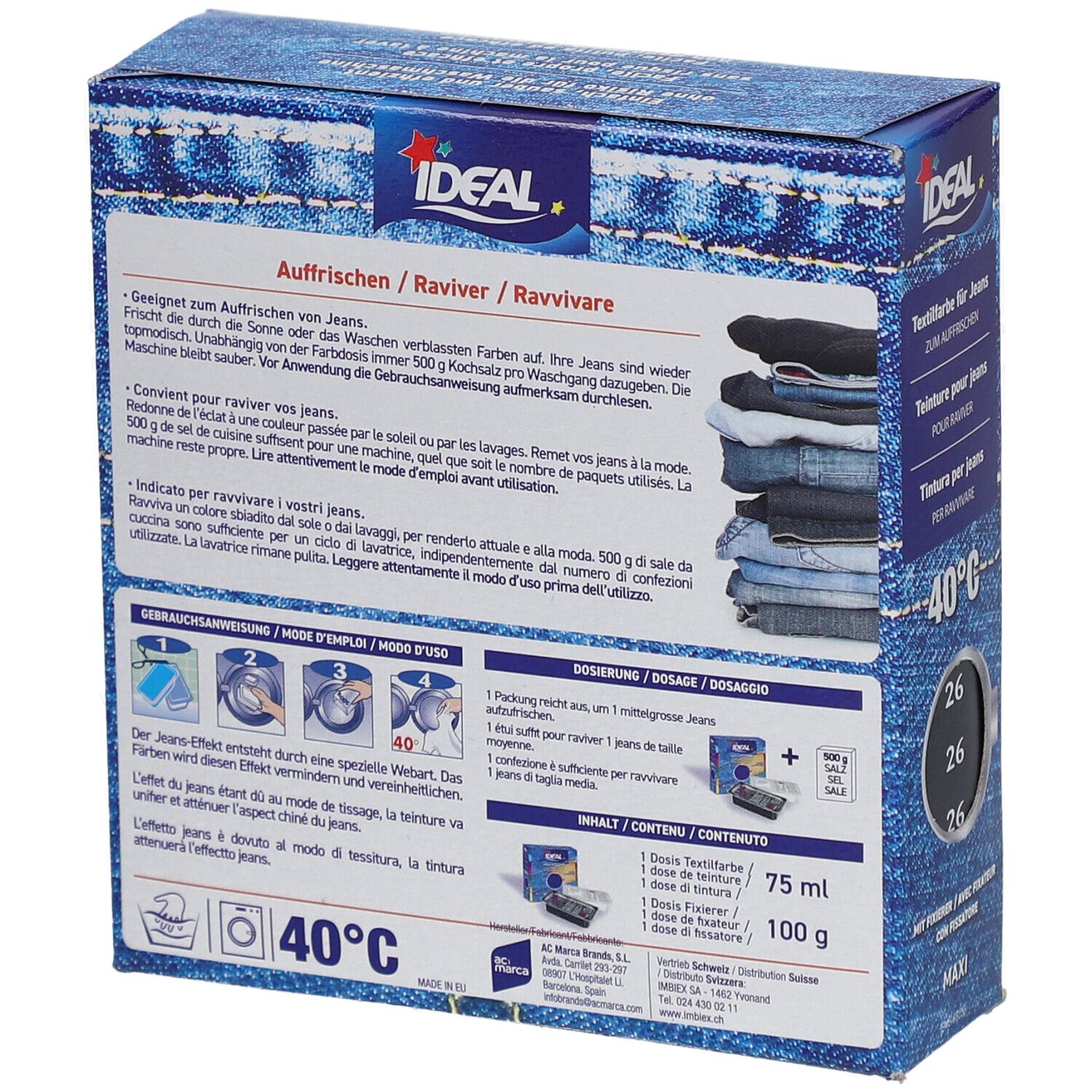 Achterkant van IDEAL textielverf voor jeans. Gebruiks- en ingrediënteninformatie. Wasbaar op 40°C.