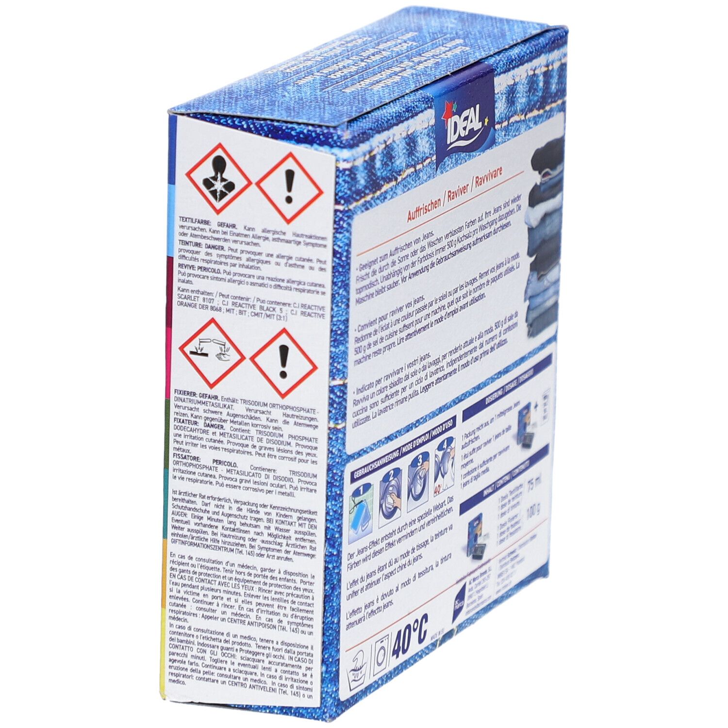 Achterkant van IDEAL textielverf voor jeans. Waarschuwingen en gebruiksaanwijzing. Wasbaar op 40°C.