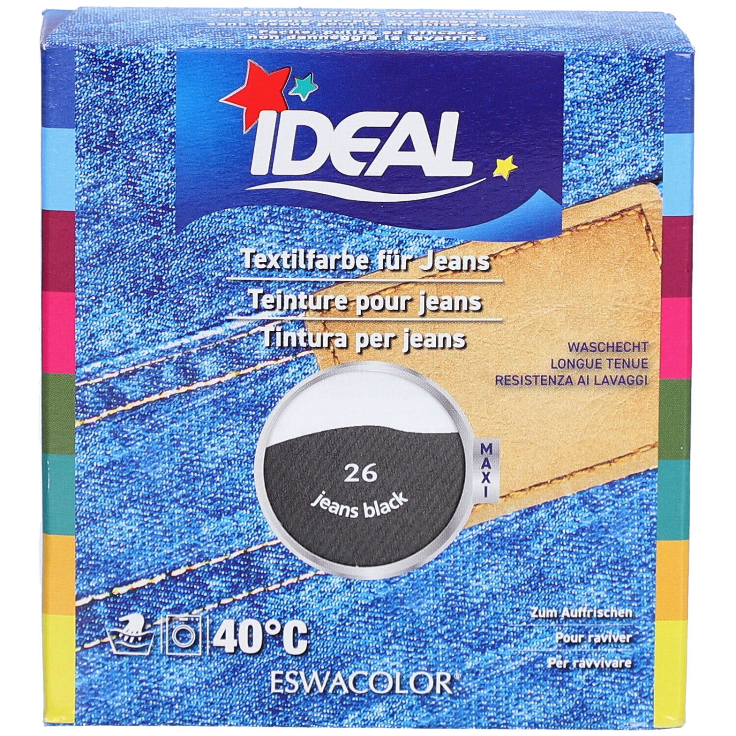 IDEAL textielverf voor jeans, zwart 26. Wasbaar op 40°C. Verpakking met productinformatie.