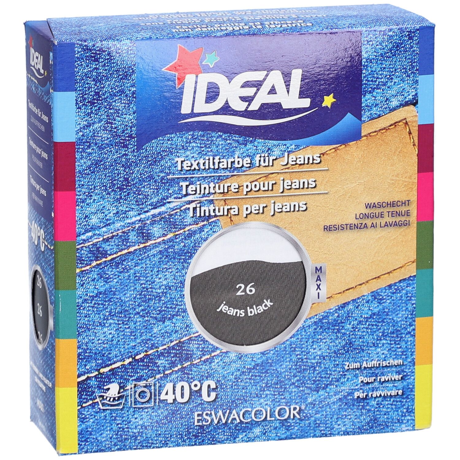 IDEAL textielverf voor jeans, zwart 26. Wasbaar op 40°C. Verpakking met productinformatie.