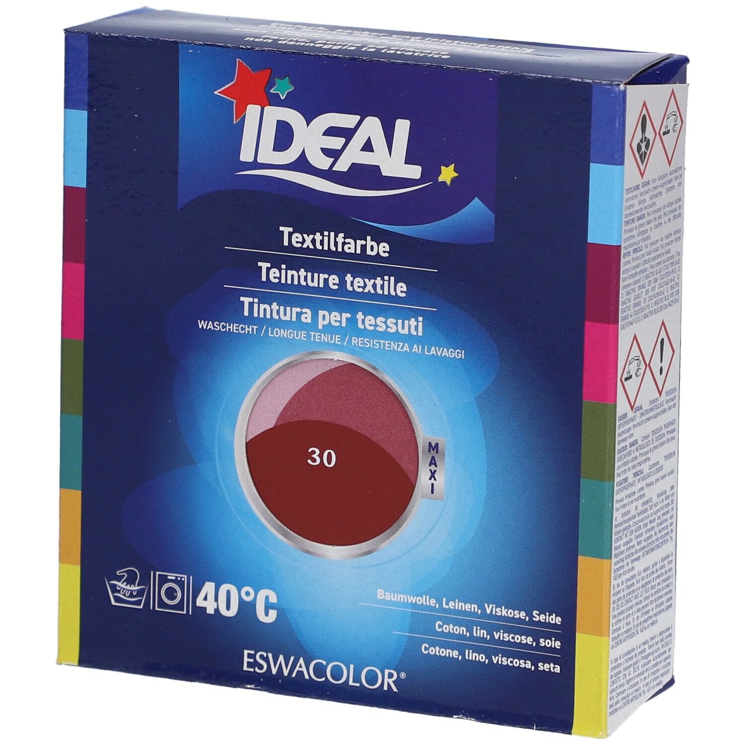 IDEAL Textielverf doos. Kleur 30. Wasbaar op 40°C. Bevat katoen, linnen, viscose, zijde. Maxi formaat.