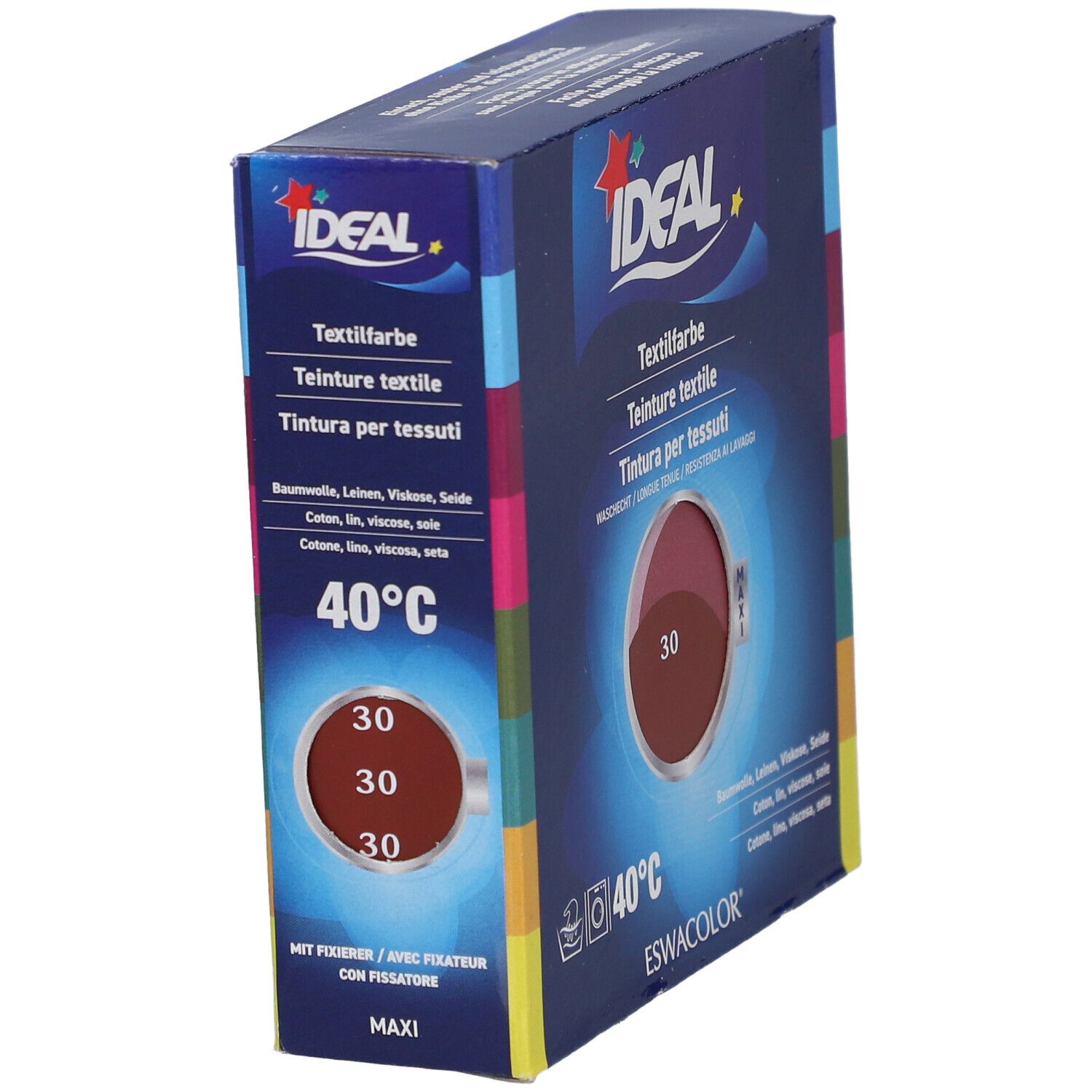 IDEAL Textielverf doos, schuin. Kleur 30. Wasbaar op 40°C. Bevat katoen, linnen, viscose, zijde. Maxi formaat.