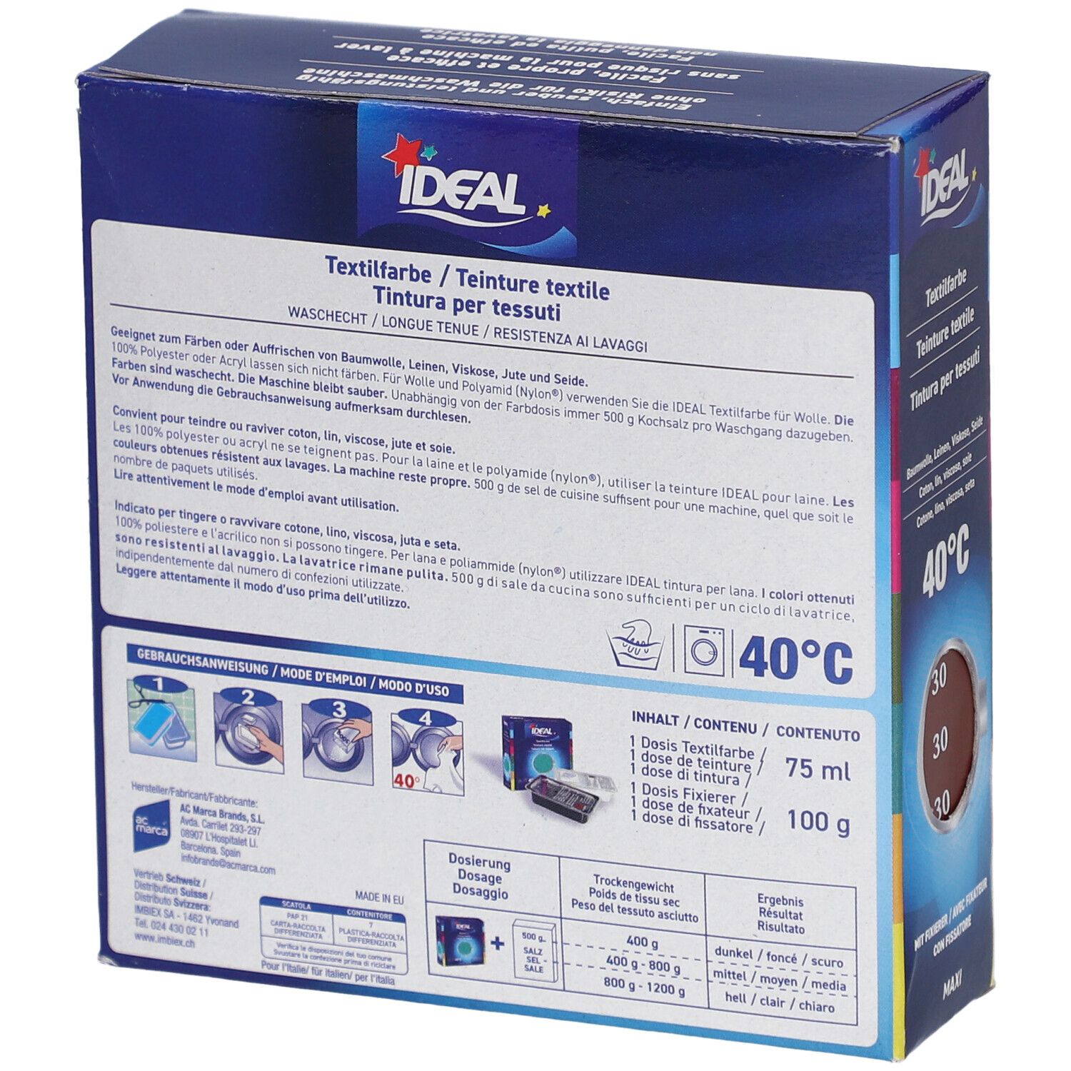 Achterkant van de IDEAL Textielverf doos. Bevat doseerinstructies en inhoudsinformatie. Wasbaar op 40°C.