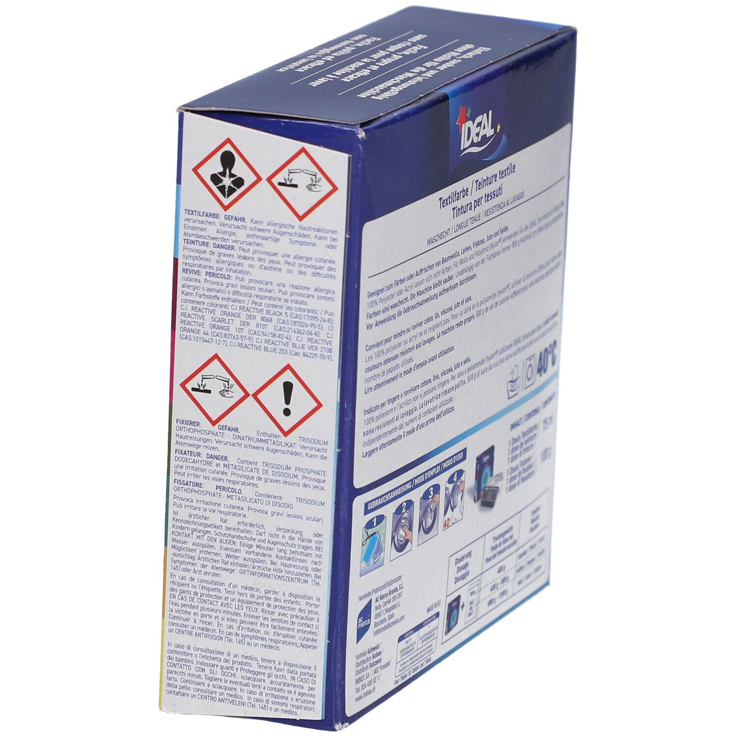 IDEAL Textielverf doos, schuin. Waarschuwingen en doseerinstructies. Wasbaar op 40°C.