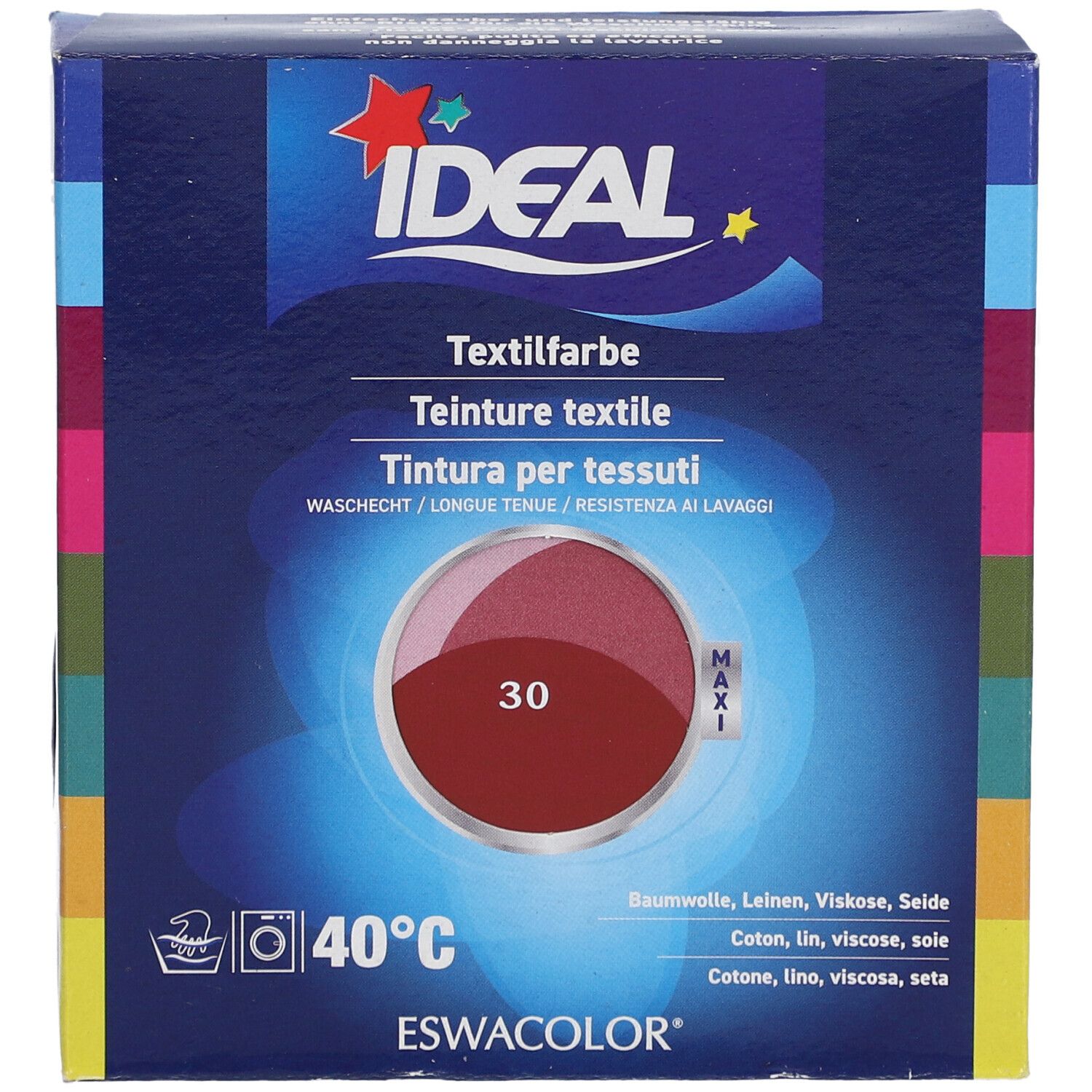 IDEAL Textielverf doos. Kleur 30. Wasbaar op 40°C. Bevat katoen, linnen, viscose, zijde. Maxi formaat.