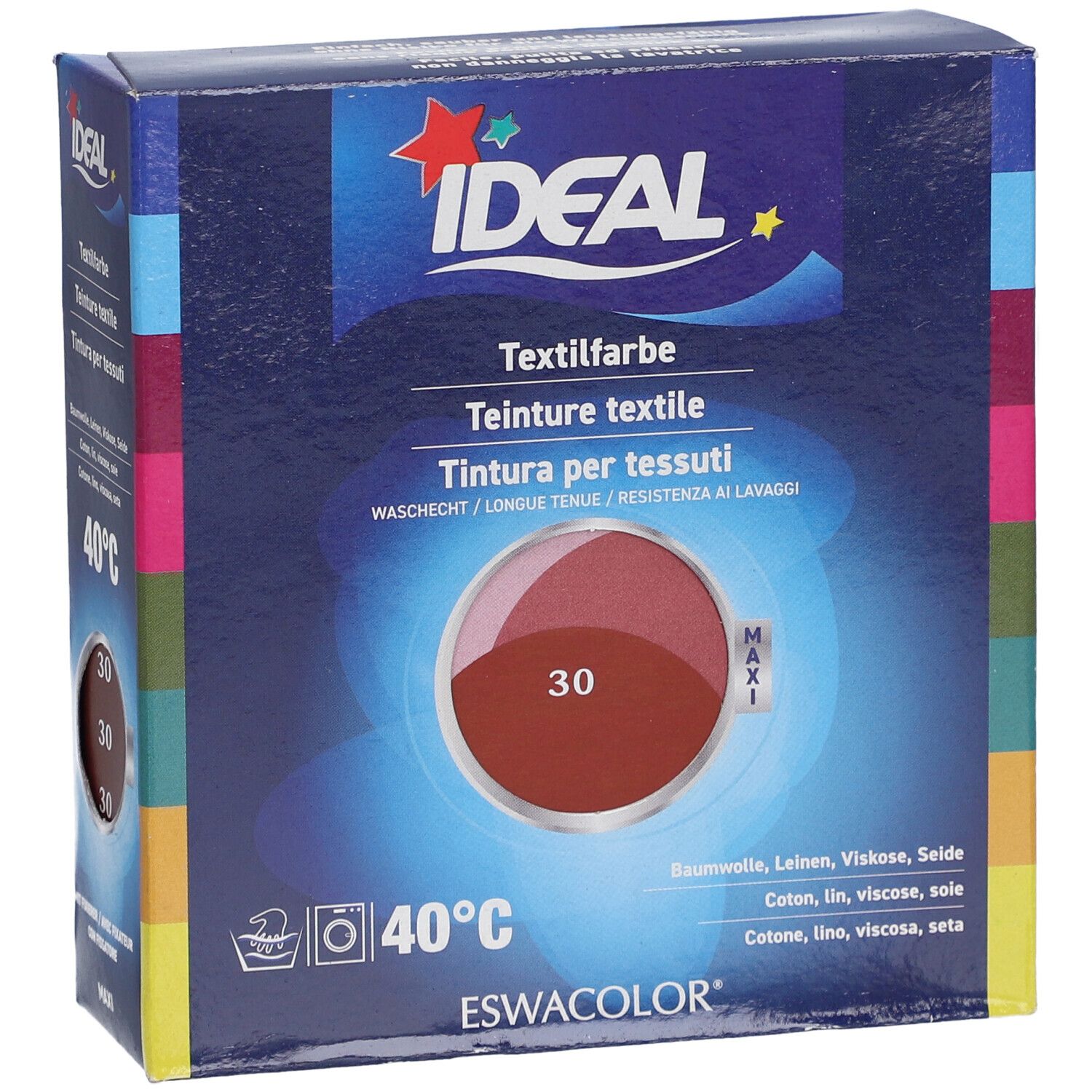 IDEAL Textielverf doos. Kleur 30. Wasbaar op 40°C. Bevat katoen, linnen, viscose, zijde. Maxi formaat.