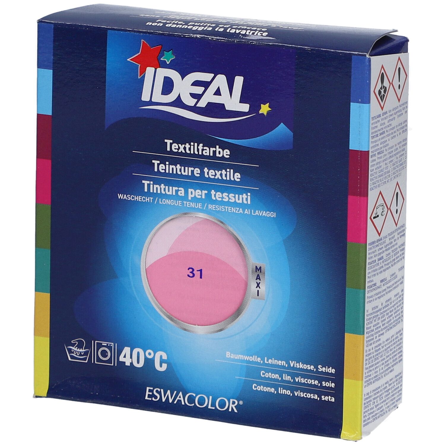 Teinture textile IDEAL, rose. Emballage avec image du produit et texte. Lavage à 40°C. Pour coton, lin, viscose, soie.