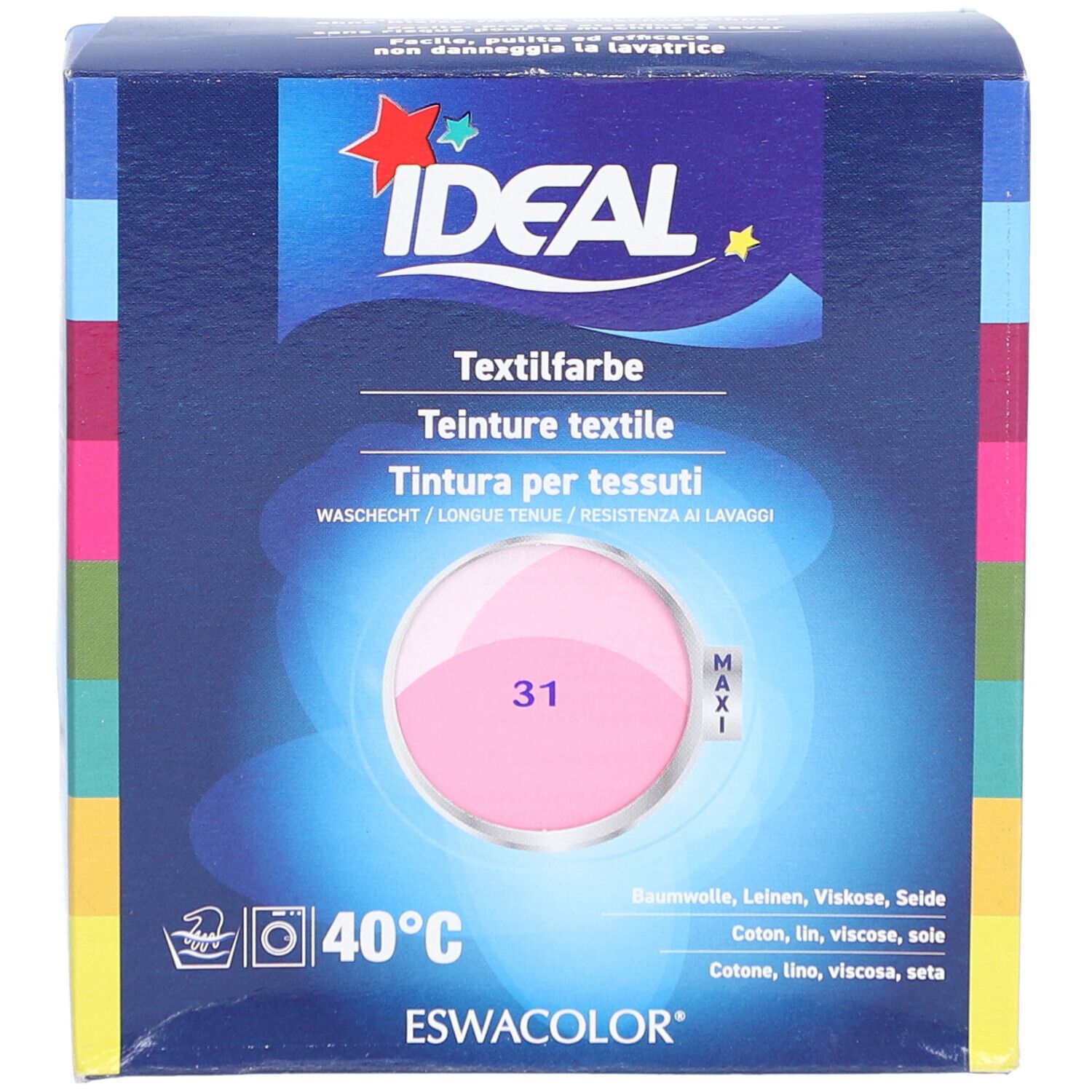 Teinture textile IDEAL, rose. Emballage avec image et texte. Lavage à 40°C. Pour coton, lin, viscose, soie.