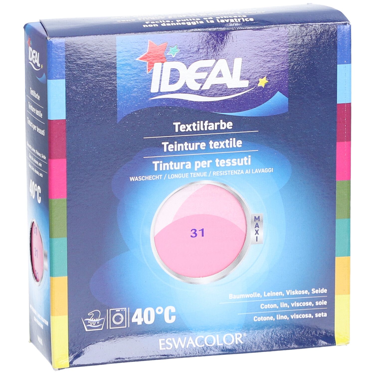 Teinture textile IDEAL, rose. Emballage avec image et texte. Lavage à 40°C. Pour coton, lin, viscose, soie.