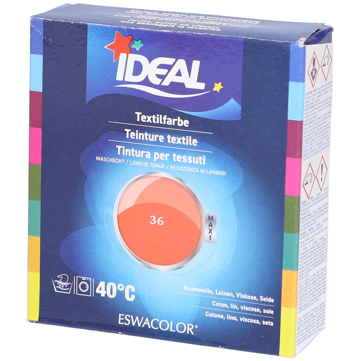 IDEAL textielverfdoos. Kleur 36 Koraal. Wasbaar op 40°C. Voor katoen, linnen, viscose, zijde. ESWACOLOR.