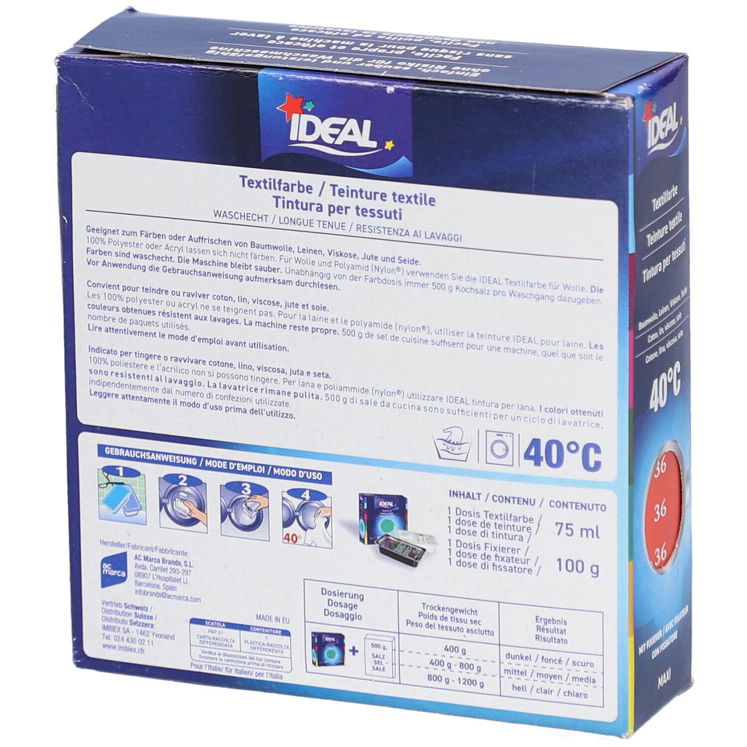 Achterkant van de textielverfdoos. IDEAL-logo. Wasbaar op 40°C. Instructies en inhoud. 75ml verf, 100g fixeermiddel.