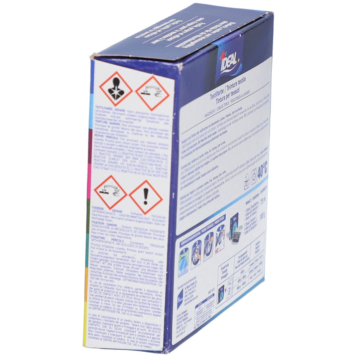 Zijkant van de textielverfdoos. Waarschuwingen en pictogrammen. IDEAL-logo. Wasbaar op 40°C. Voor diverse textielsoorten.