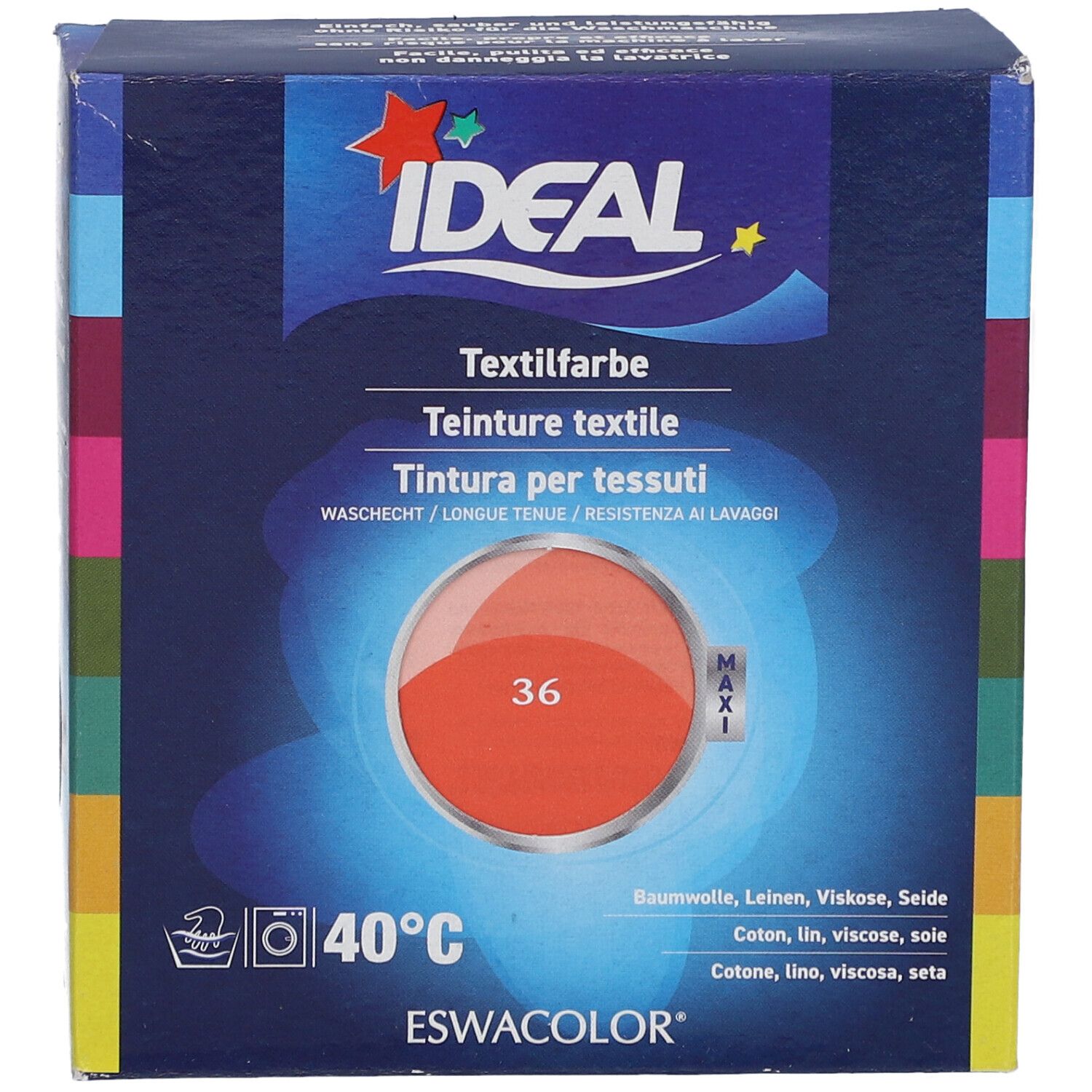IDEAL textielverfdoos. Kleur 36 Koraal. Wasbaar op 40°C. Voor katoen, linnen, viscose, zijde. ESWACOLOR.